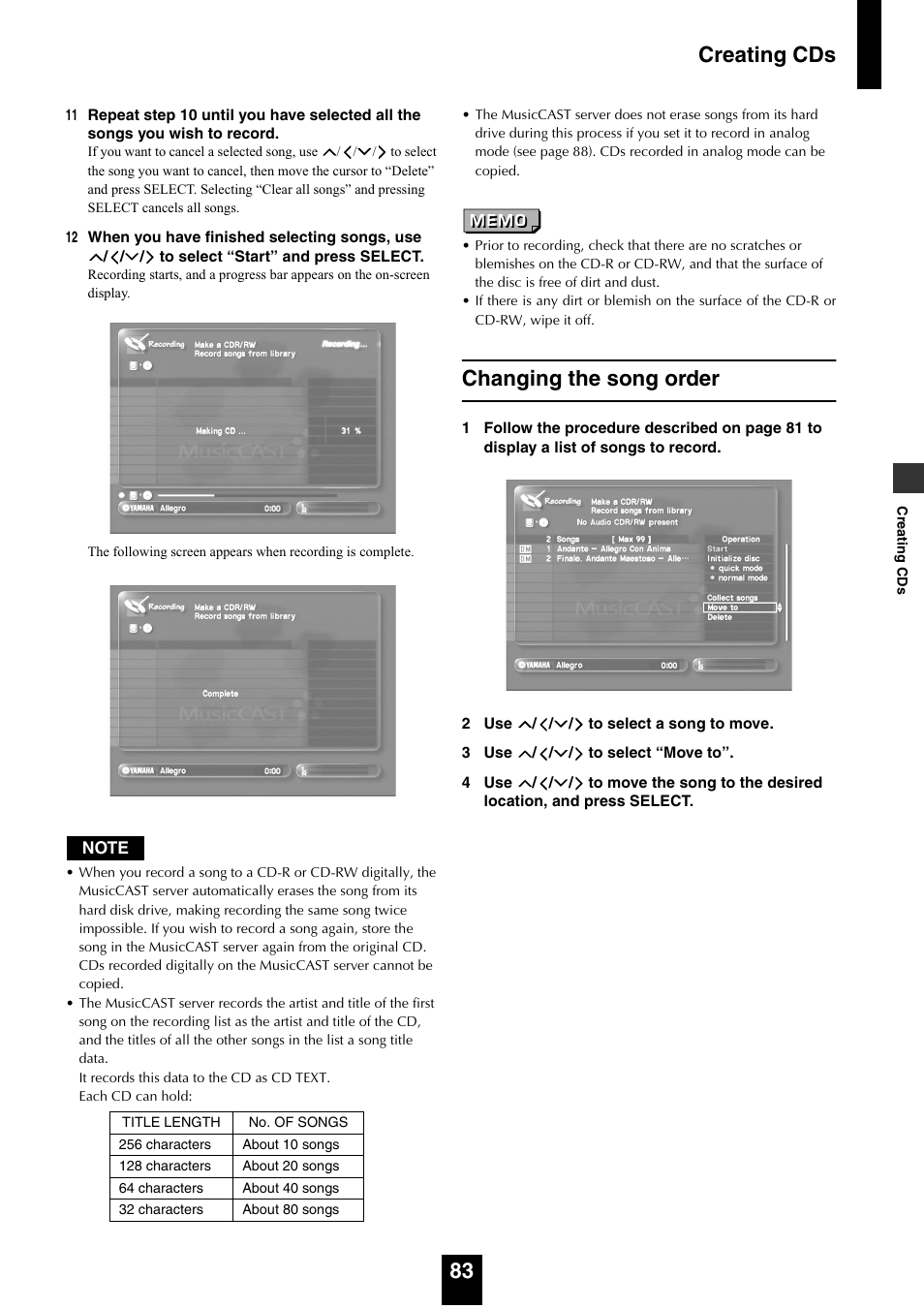 Changing the song order, Creating cds 83 | Yamaha mcx-1000 User Manual | Page 83 / 148