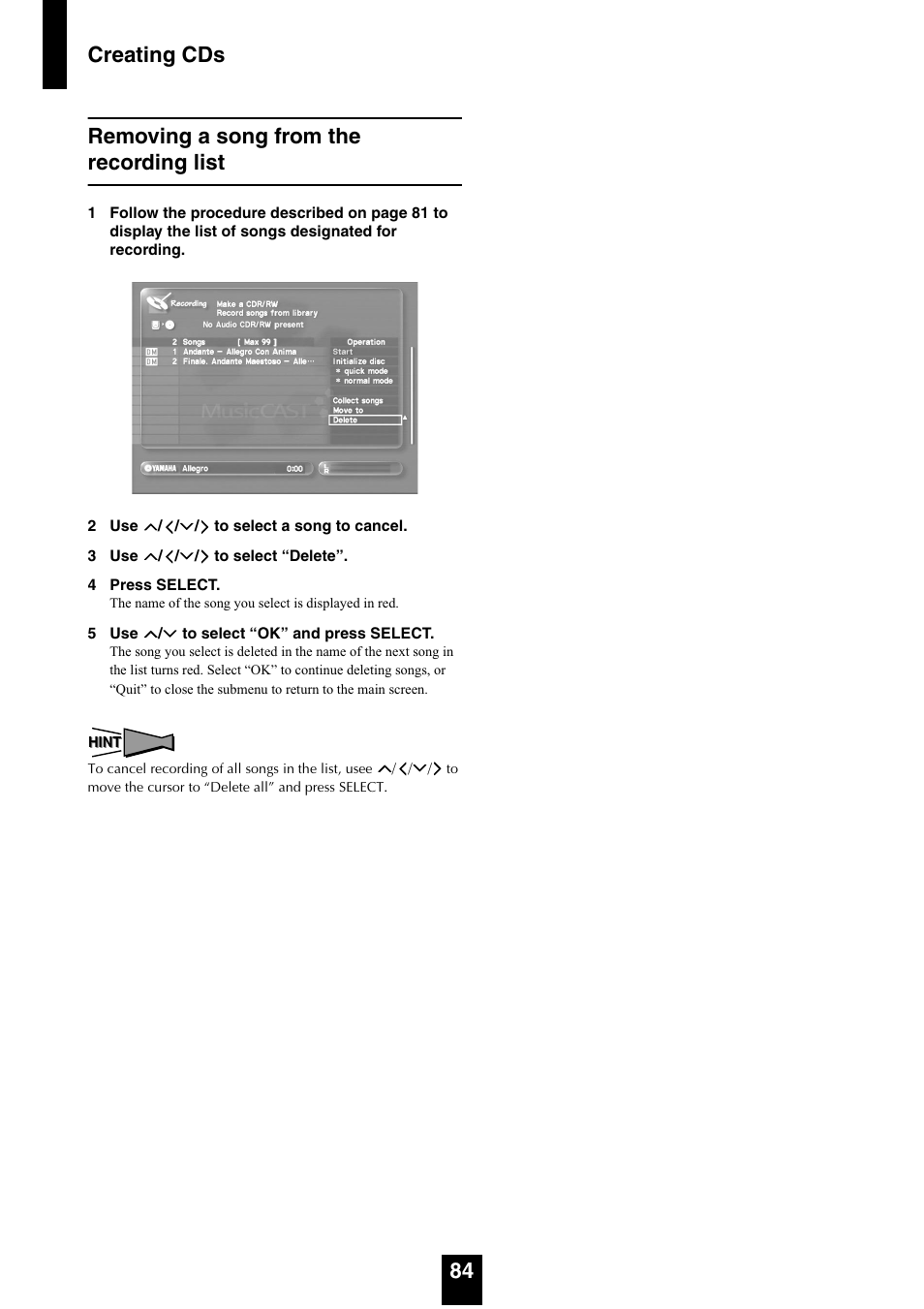 Removing a song from the recording list | Yamaha mcx-1000 User Manual | Page 84 / 148