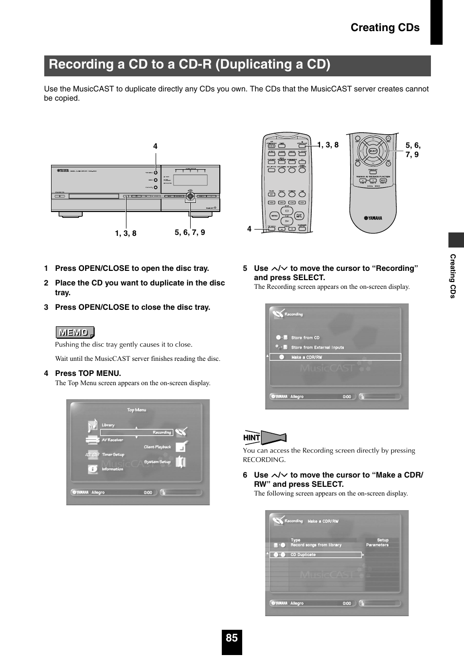 Recording a cd to a cd-r (duplicating a cd), Creating cds 85 | Yamaha mcx-1000 User Manual | Page 85 / 148