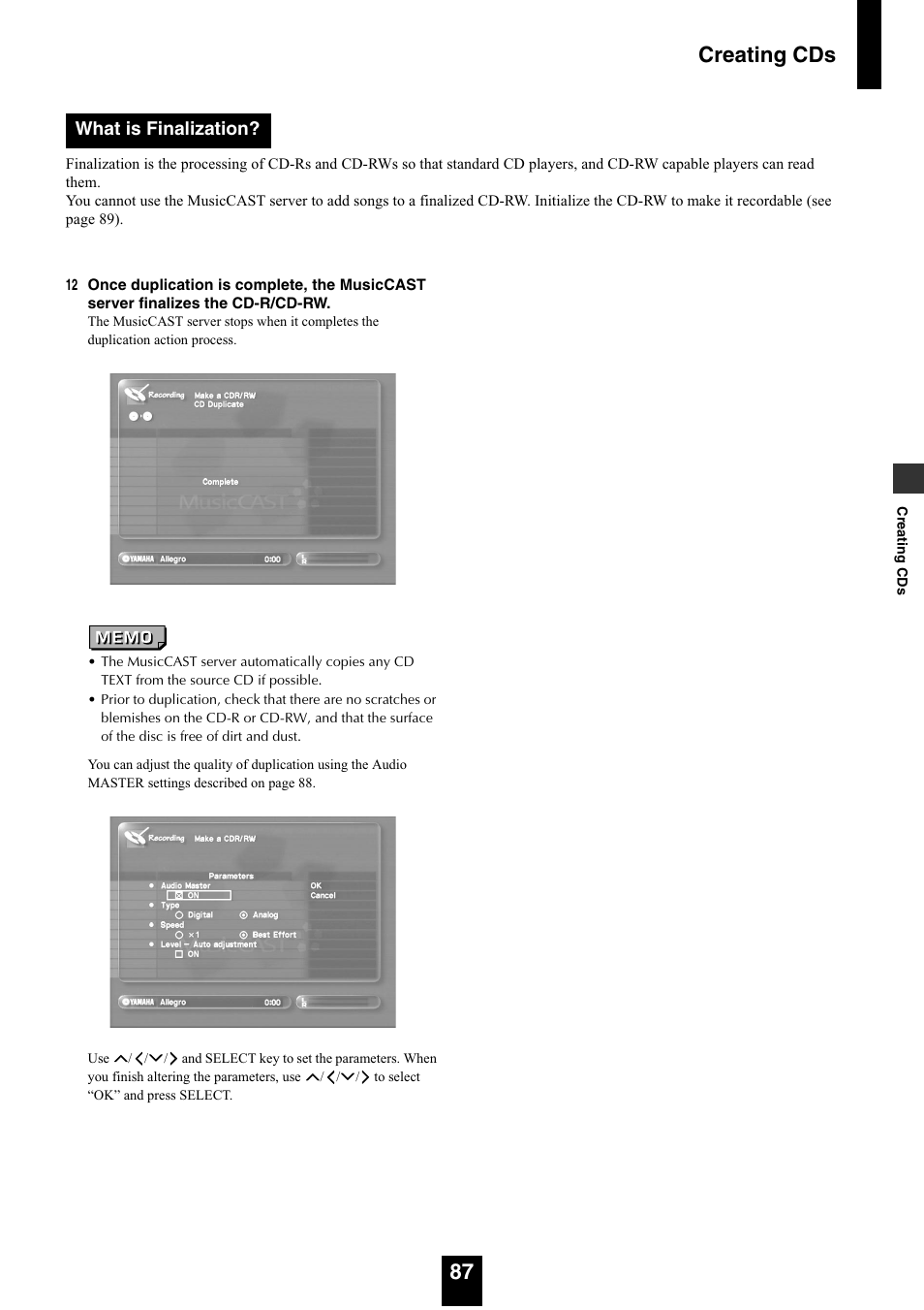 Creating cds 87, What is finalization | Yamaha mcx-1000 User Manual | Page 87 / 148