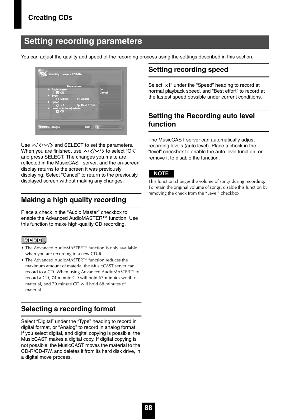 Setting recording parameters, Making a high quality recording, Selecting a recording format | Setting recording speed, Setting the recording auto level function, Creating cds 88 | Yamaha mcx-1000 User Manual | Page 88 / 148