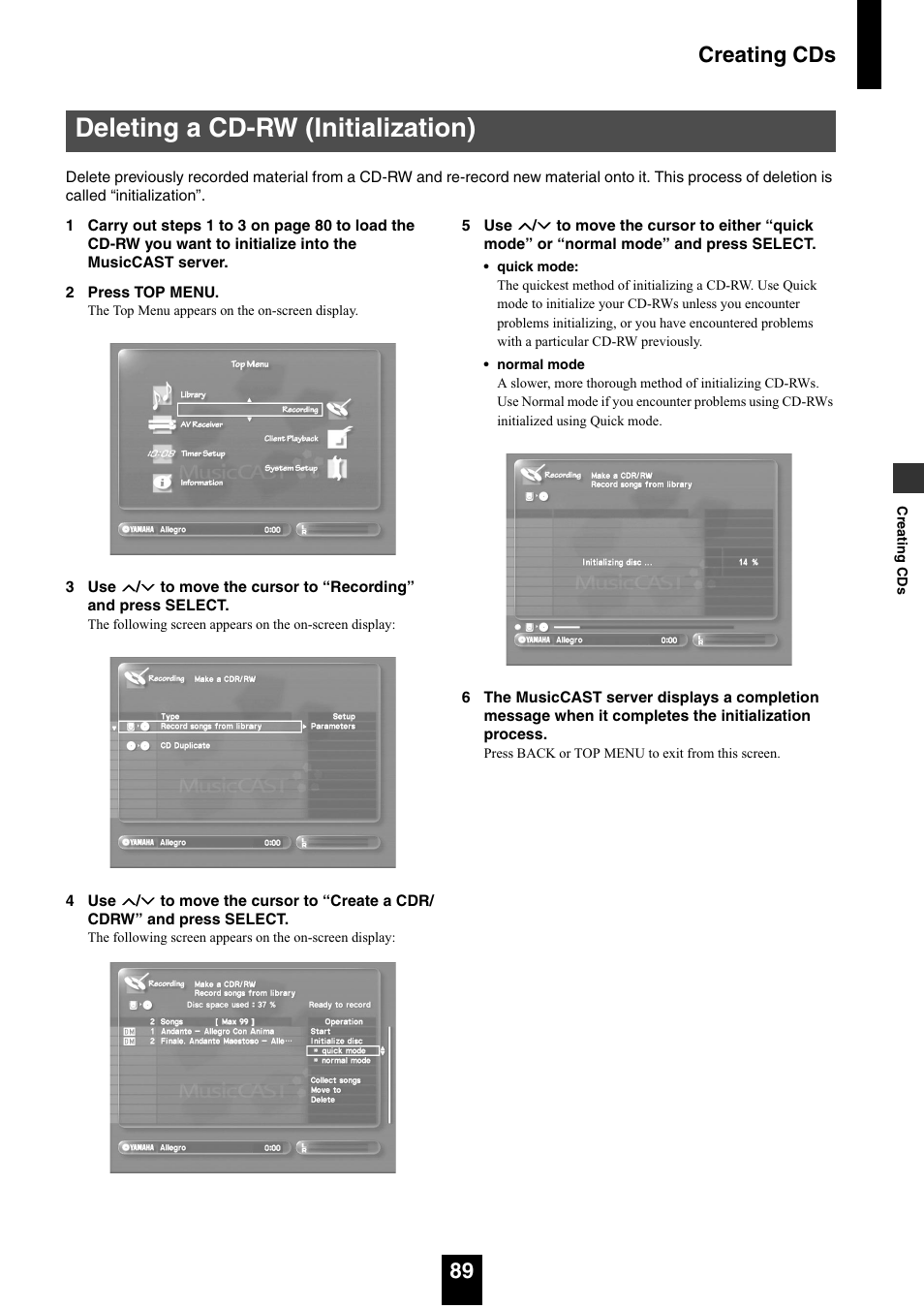 Deleting a cd-rw (initialization), Creating cds 89 | Yamaha mcx-1000 User Manual | Page 89 / 148