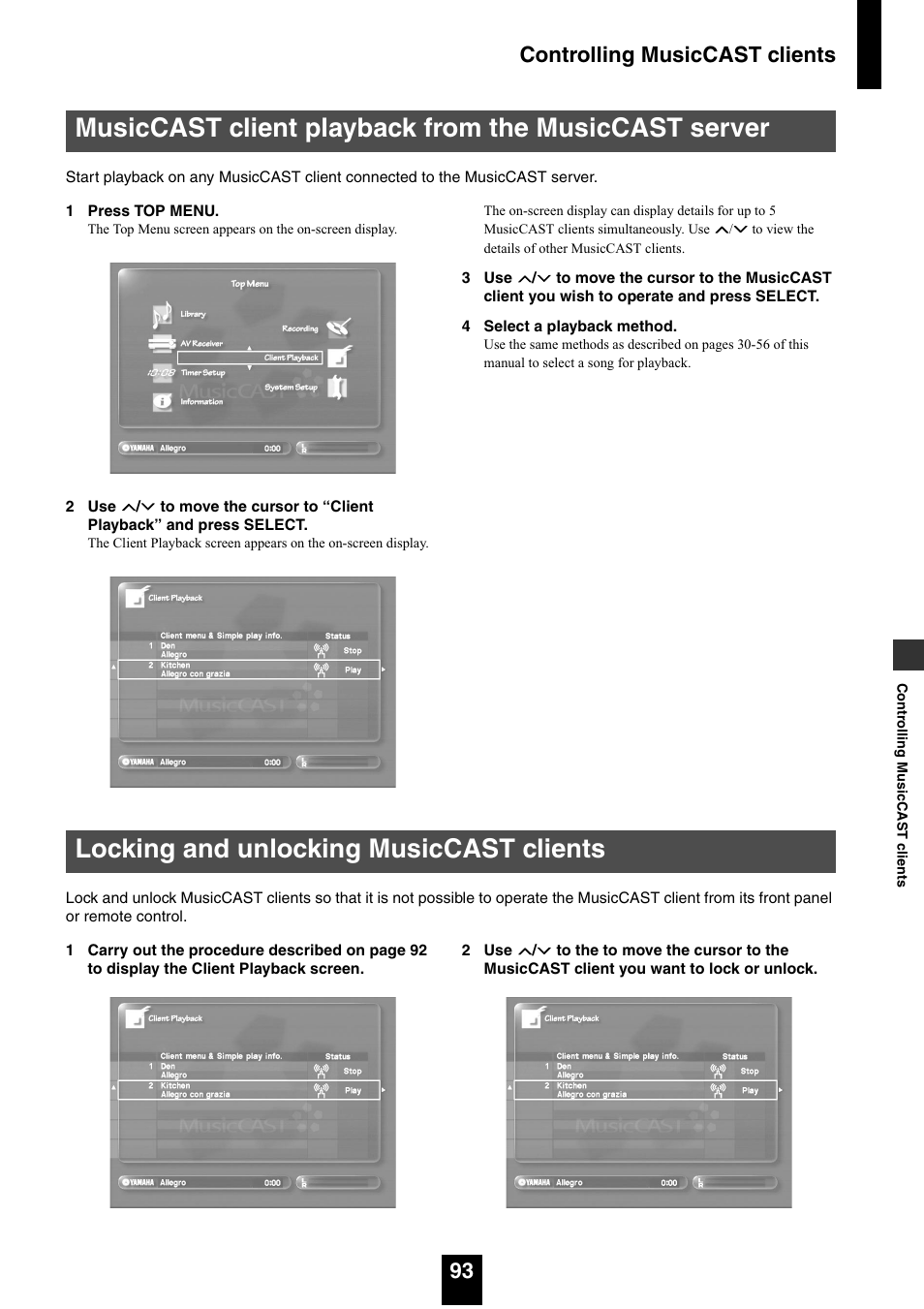 Locking and unlocking musiccast clients, Controlling musiccast clients 93 | Yamaha mcx-1000 User Manual | Page 93 / 148