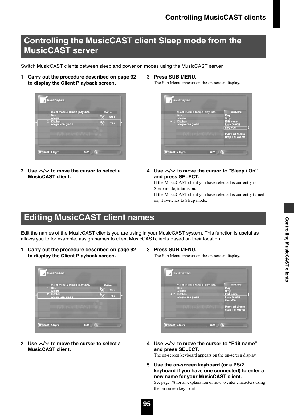 Editing musiccast client names, Controlling musiccast clients 95 | Yamaha mcx-1000 User Manual | Page 95 / 148