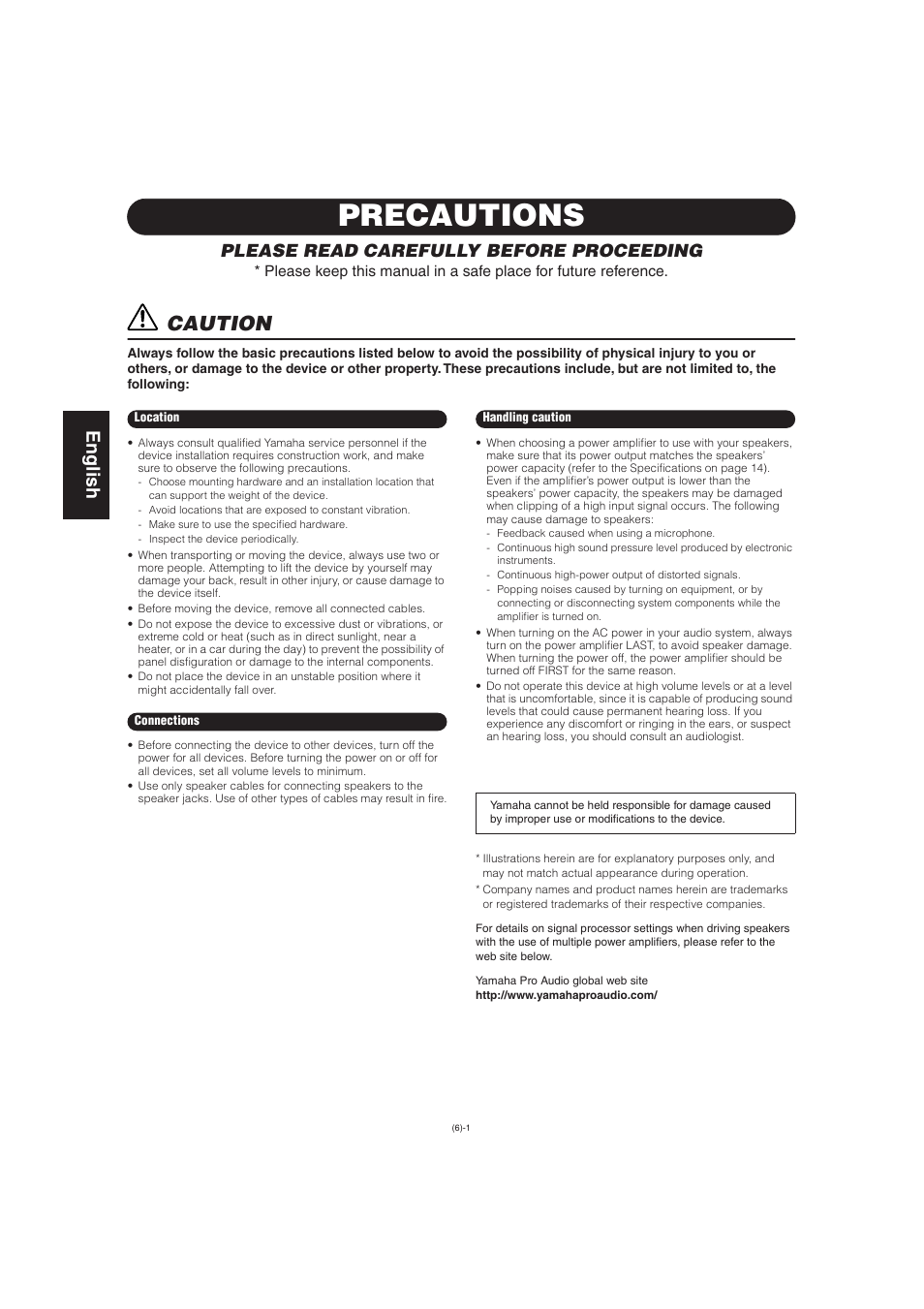 Precautions, Caution, English | Please read carefully before proceeding | Yamaha IS1215 User Manual | Page 2 / 6