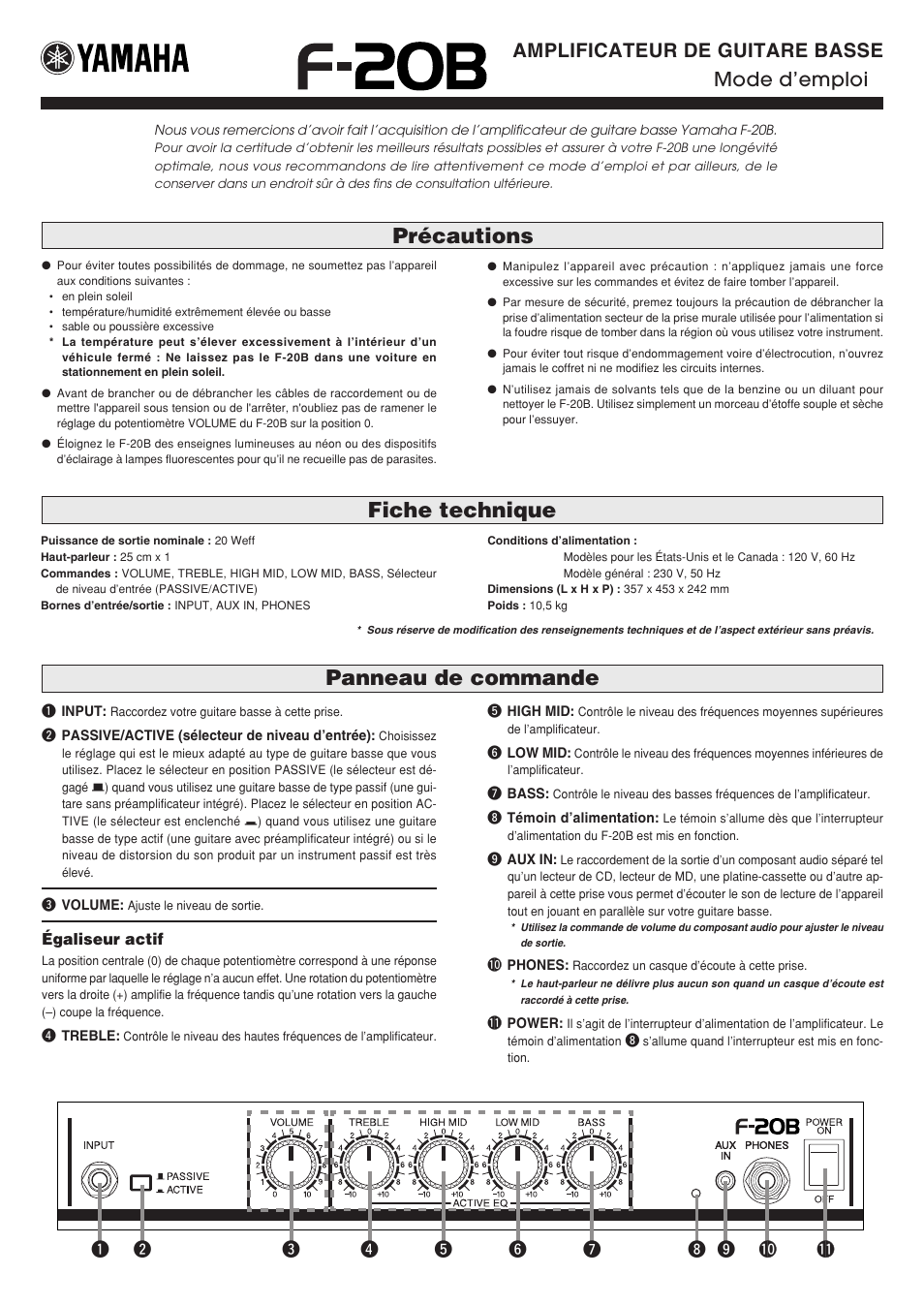 Mode d'emploi, Précautions, Panneau de commande fiche technique | Amplificateur de guitare basse mode d’emploi | Yamaha F-20B User Manual | Page 3 / 7