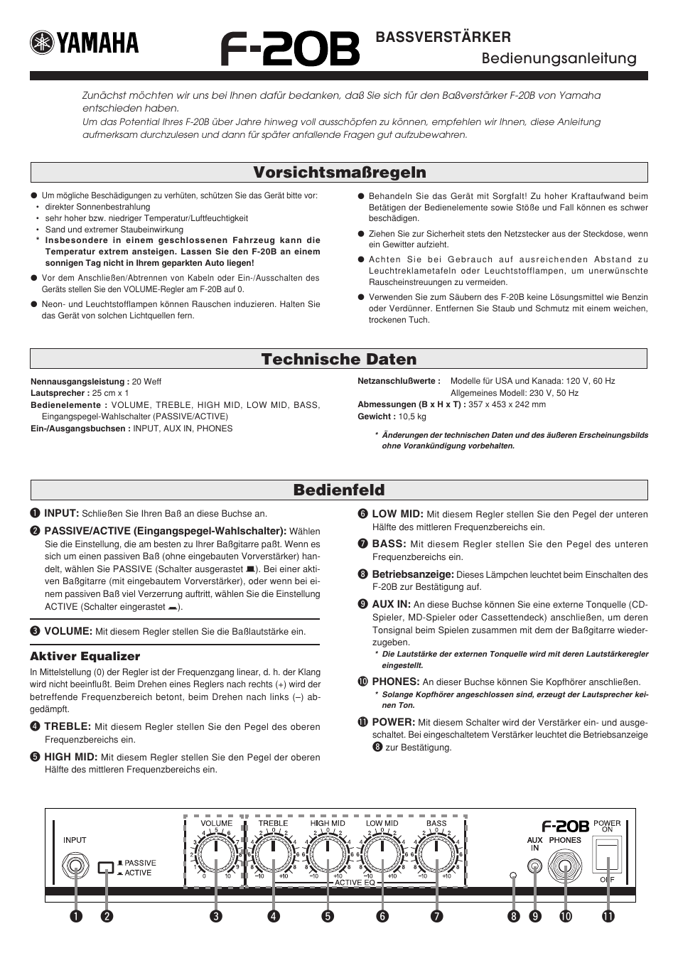 Bedienungsanleitung, Vorsichtsmaßregeln, Bedienfeld technische daten | Bassverstärker bedienungsanleitung | Yamaha F-20B User Manual | Page 4 / 7