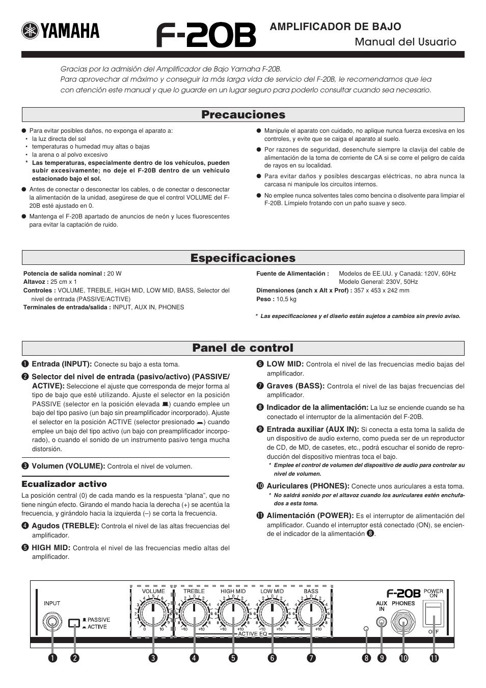 Manual del usuario, Panel de control especificaciones, Precauciones | Amplificador de bajo manual del usuario | Yamaha F-20B User Manual | Page 5 / 7