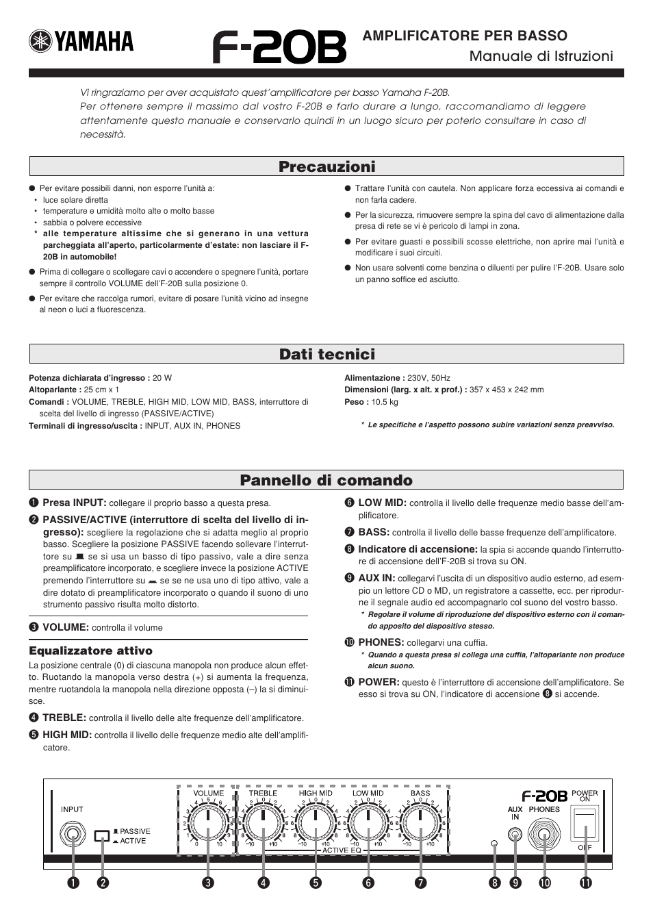 Manuale di istruzioni, Pannello di comando, Precauzioni dati tecnici | Amplificatore per basso manuale di istruzioni | Yamaha F-20B User Manual | Page 6 / 7