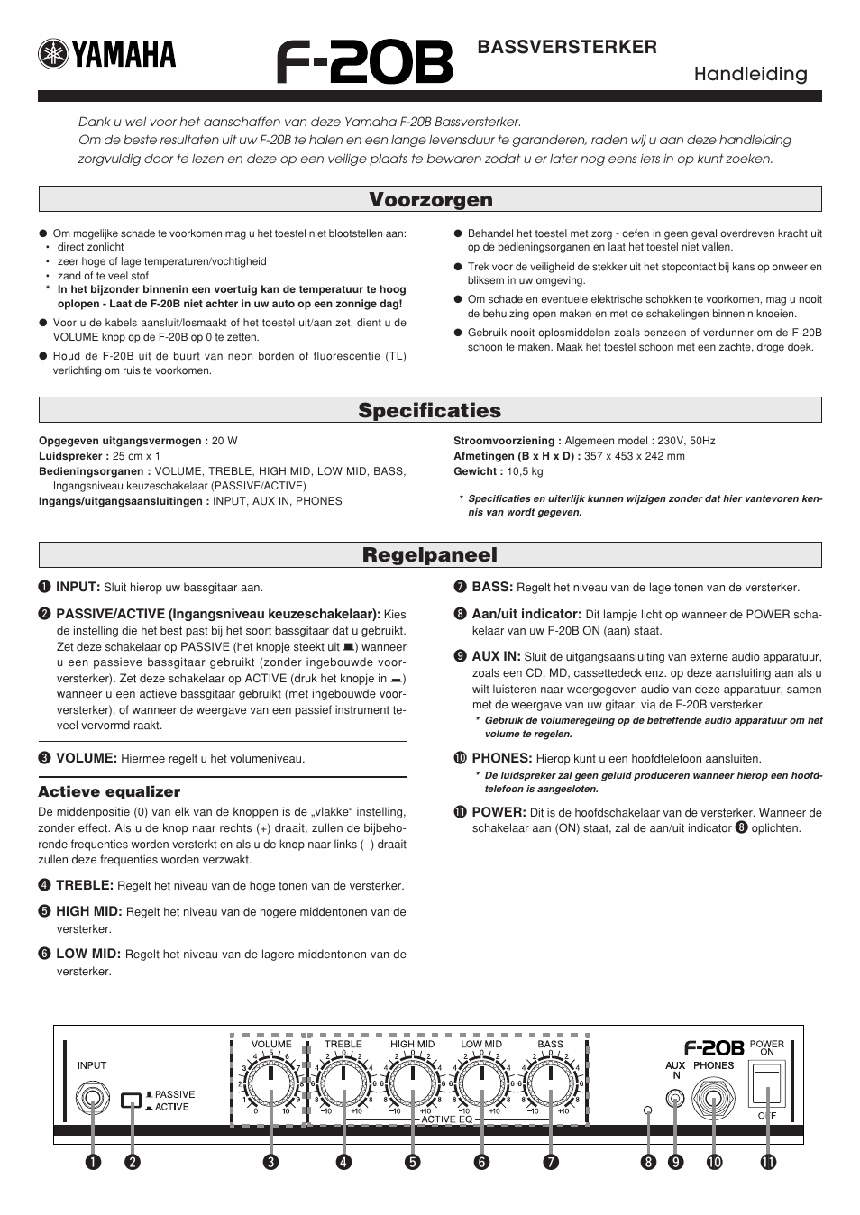 Handleiding, Regelpaneel, Voorzorgen specificaties | Bassversterker handleiding | Yamaha F-20B User Manual | Page 7 / 7