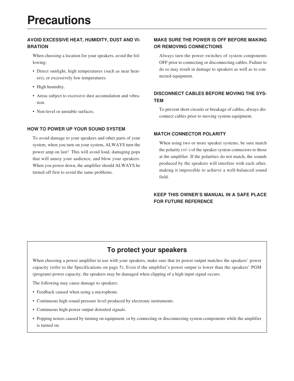 Precautions | Yamaha SV10 User Manual | Page 2 / 6