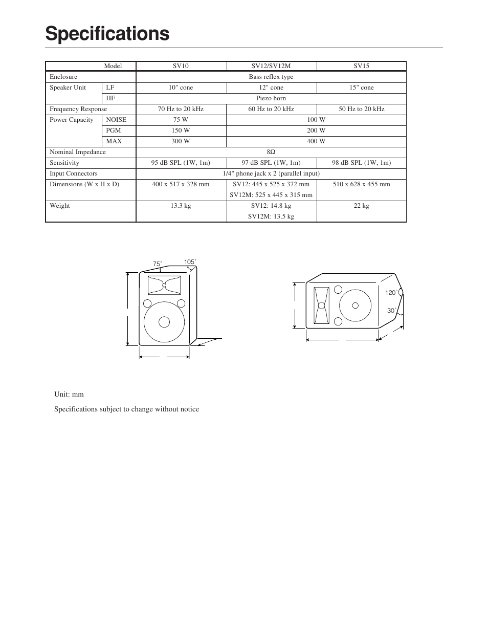 Specifications | Yamaha SV10 User Manual | Page 5 / 6