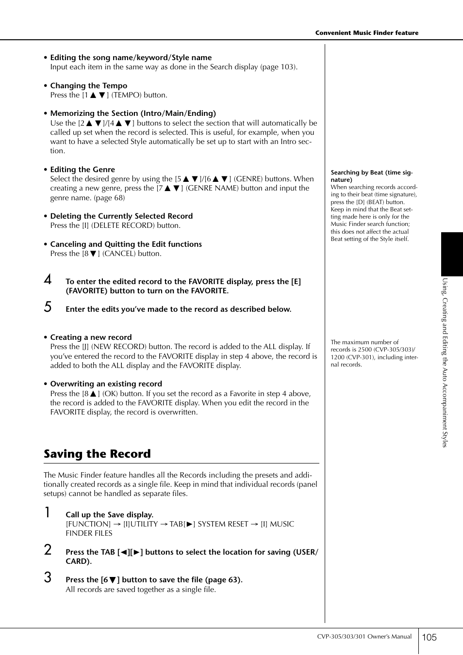 Saving the record | Yamaha 303 User Manual | Page 105 / 220