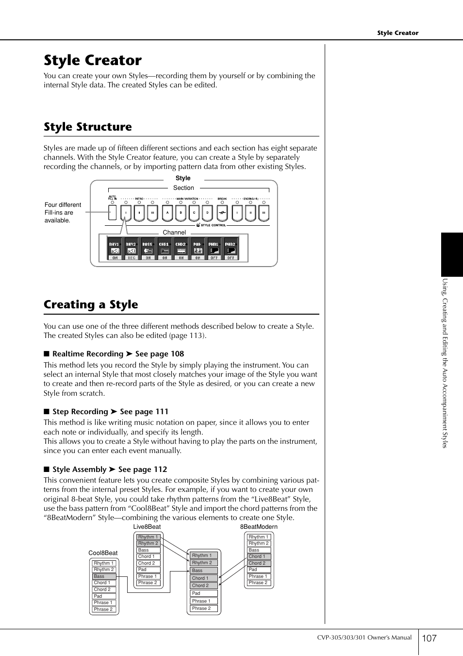 Style creator, Style structure, Creating a style | Style structure creating a style | Yamaha 303 User Manual | Page 107 / 220