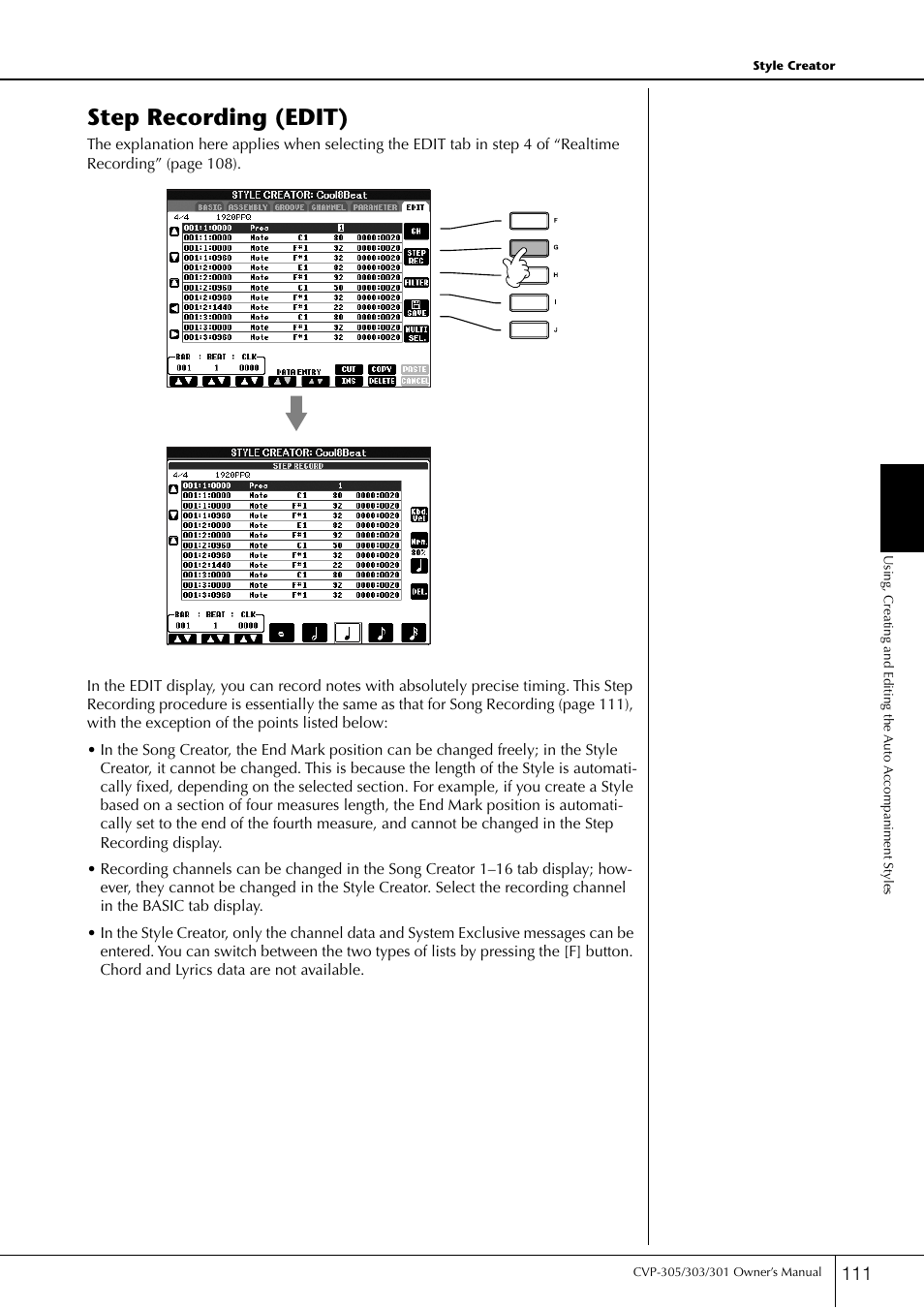 Step recording (edit) | Yamaha 303 User Manual | Page 111 / 220