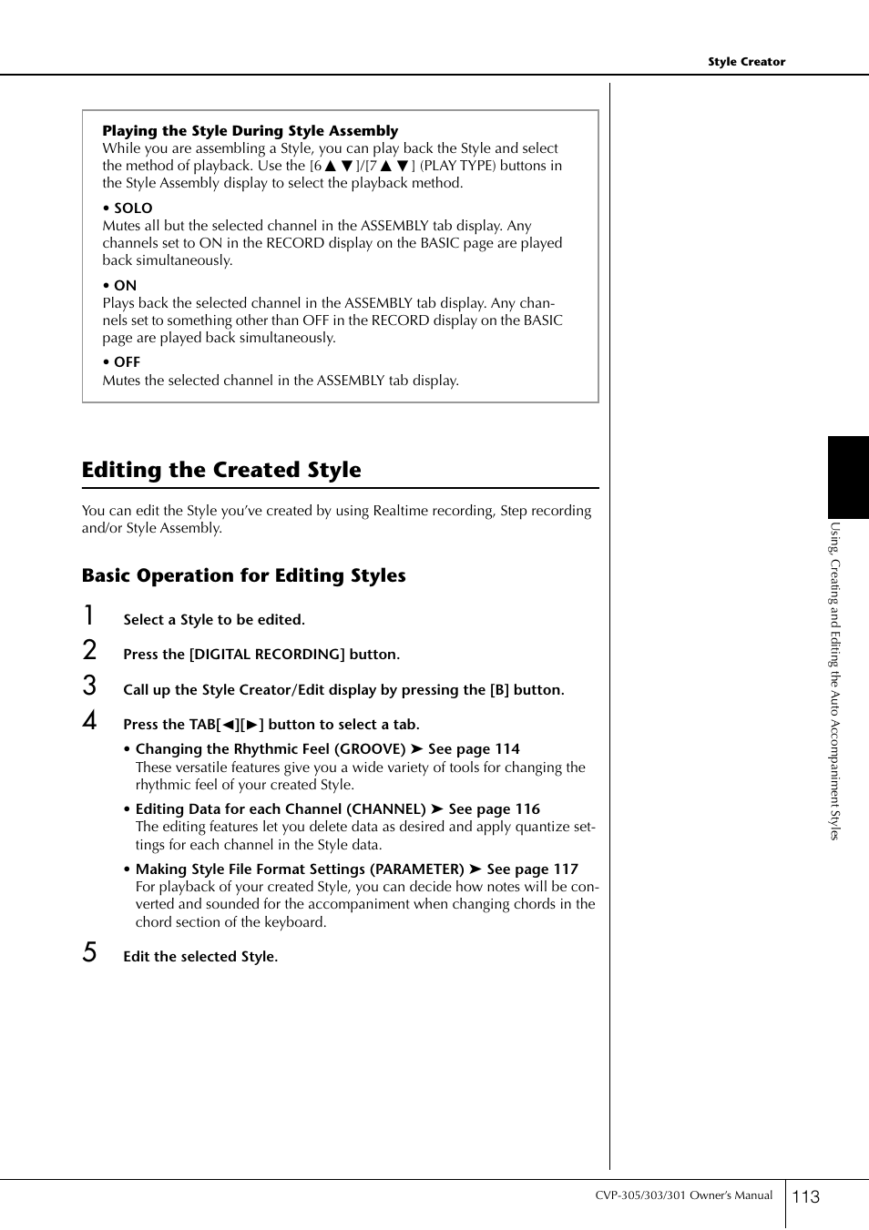 Editing the created style | Yamaha 303 User Manual | Page 113 / 220