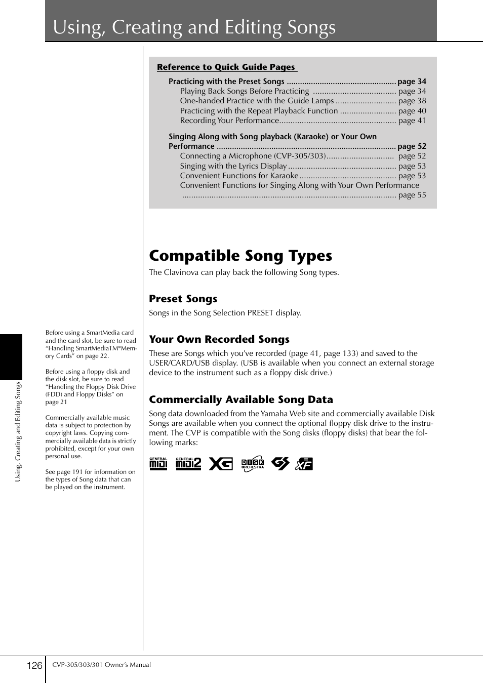 Using, creating and editing songs, Compatible song types | Yamaha 303 User Manual | Page 126 / 220