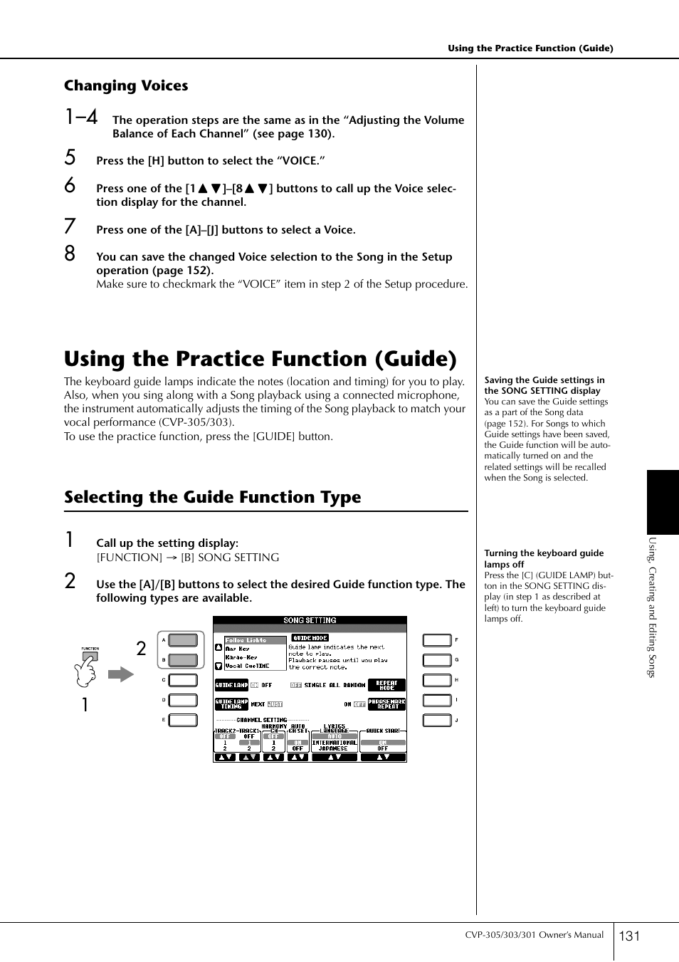 Using the practice function (guide), Selecting the guide function type | Yamaha 303 User Manual | Page 131 / 220