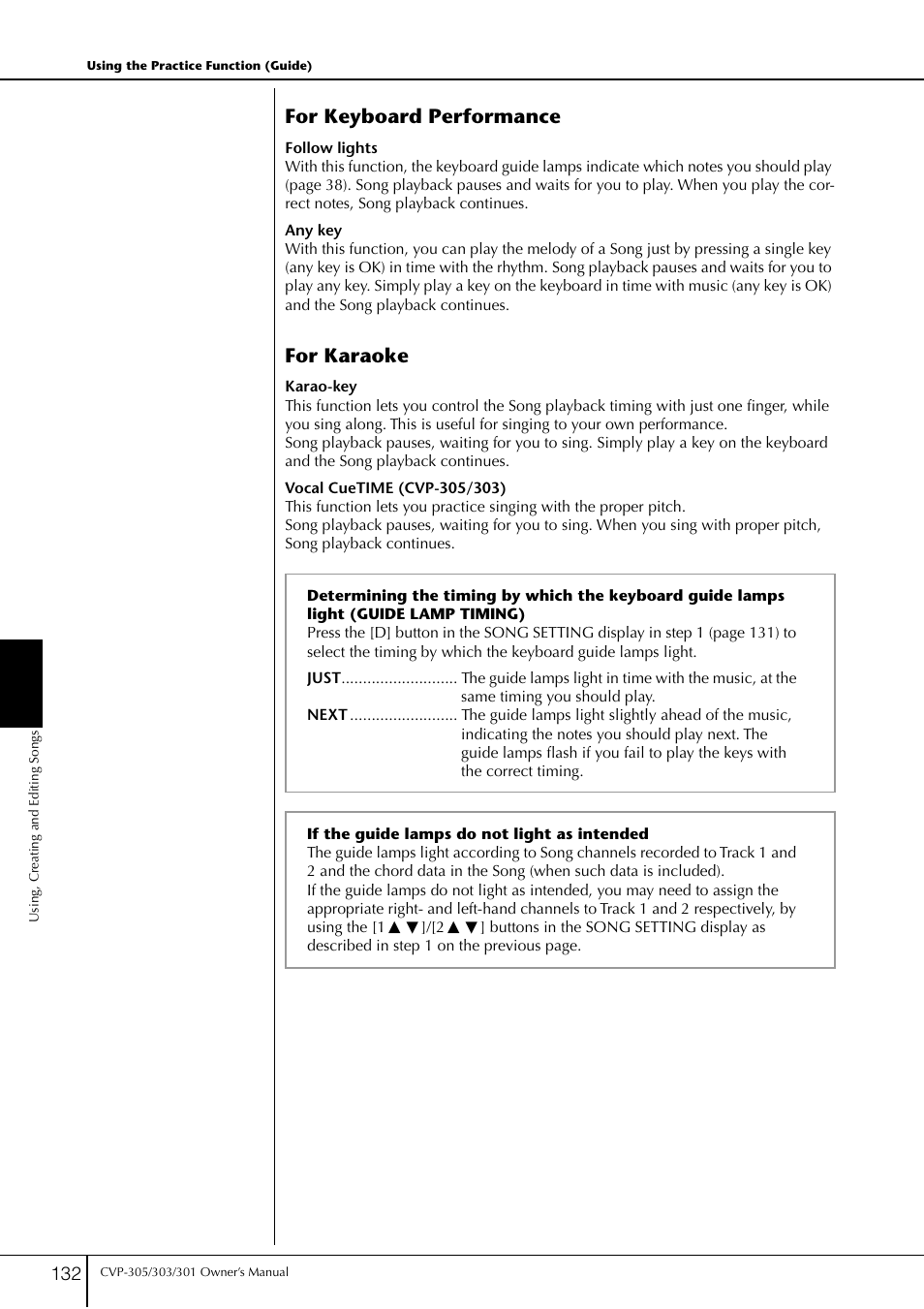 For keyboard performance, For karaoke | Yamaha 303 User Manual | Page 132 / 220