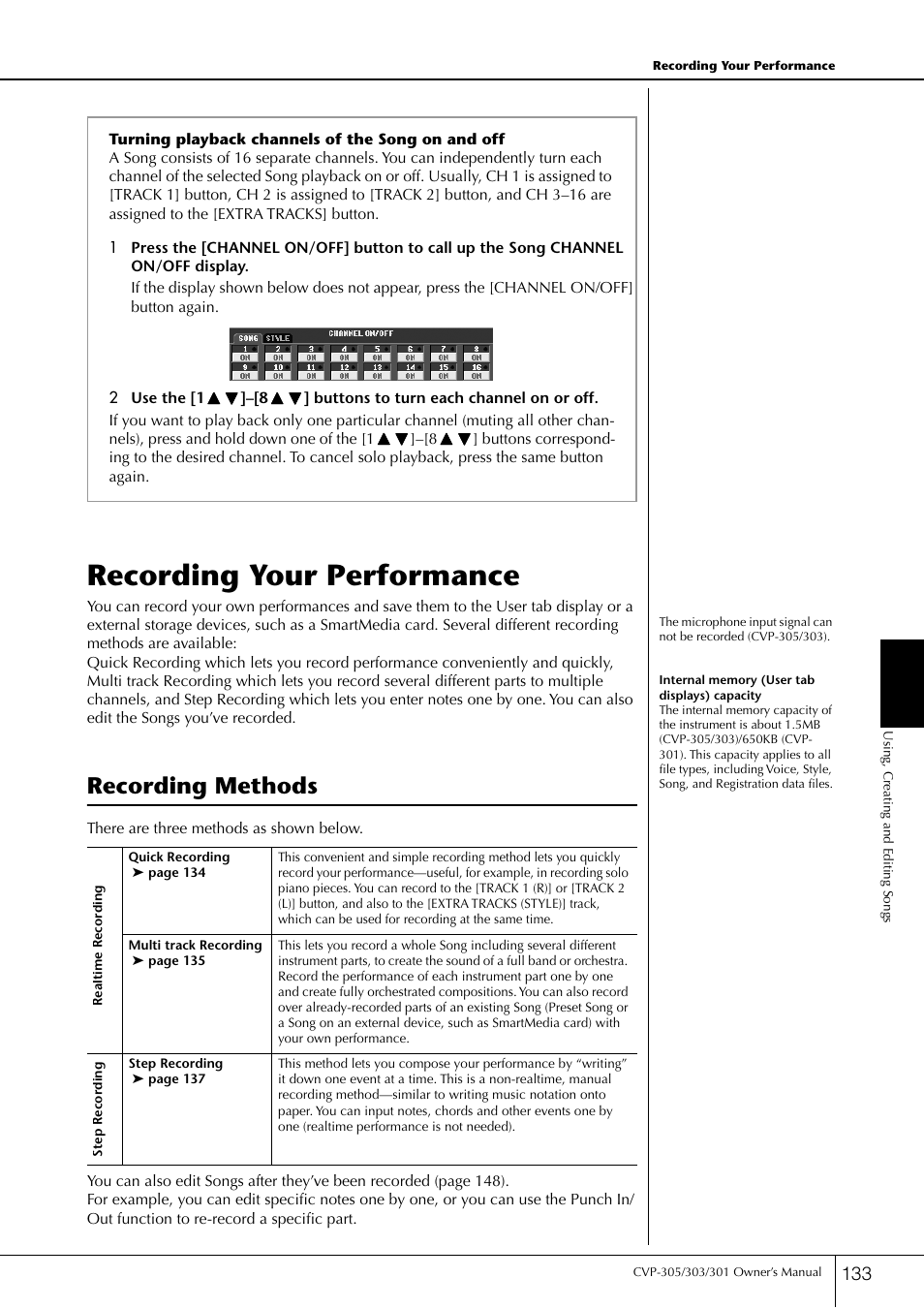 Recording your performance, Recording methods | Yamaha 303 User Manual | Page 133 / 220