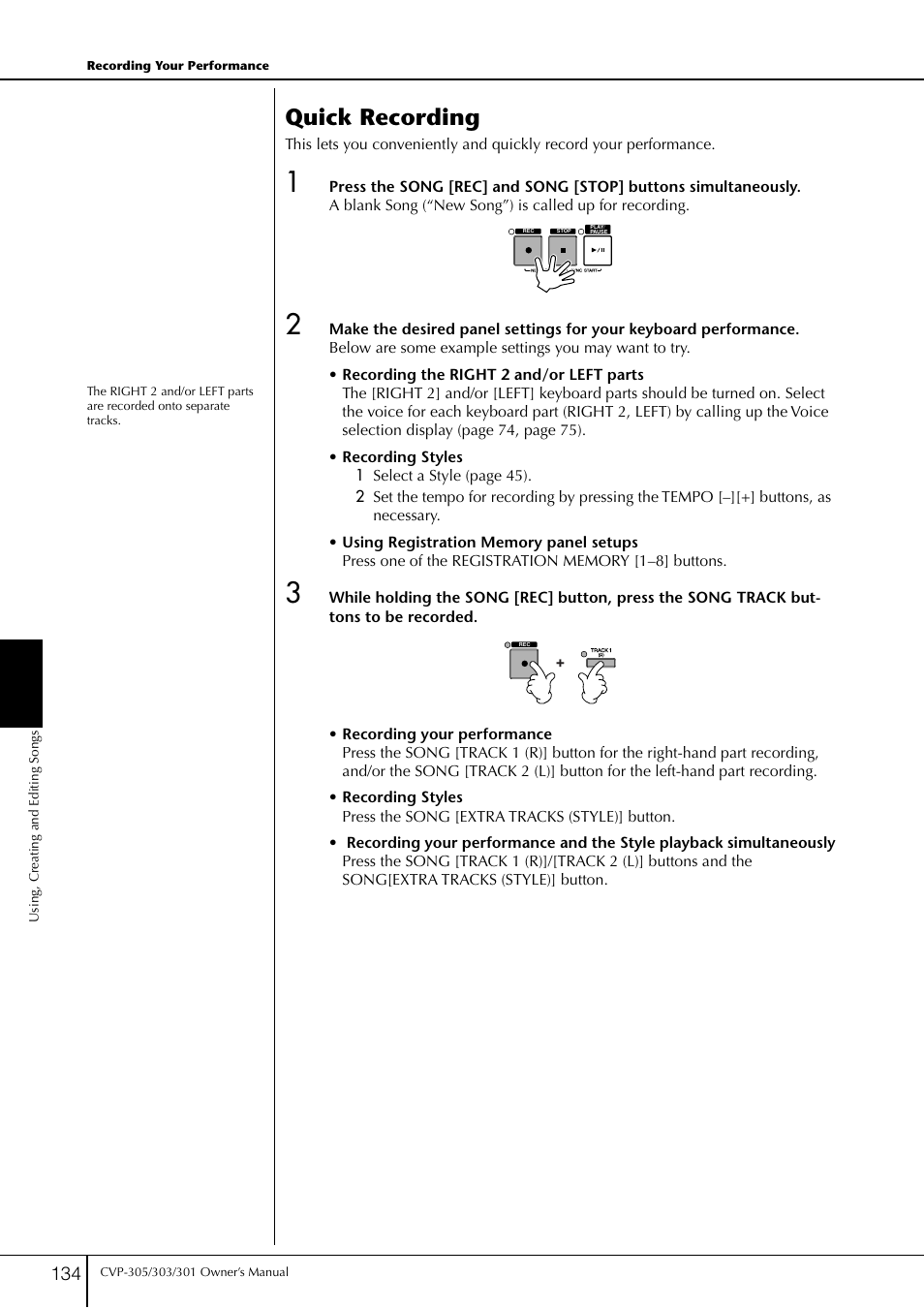 P. 134, Quick recording | Yamaha 303 User Manual | Page 134 / 220