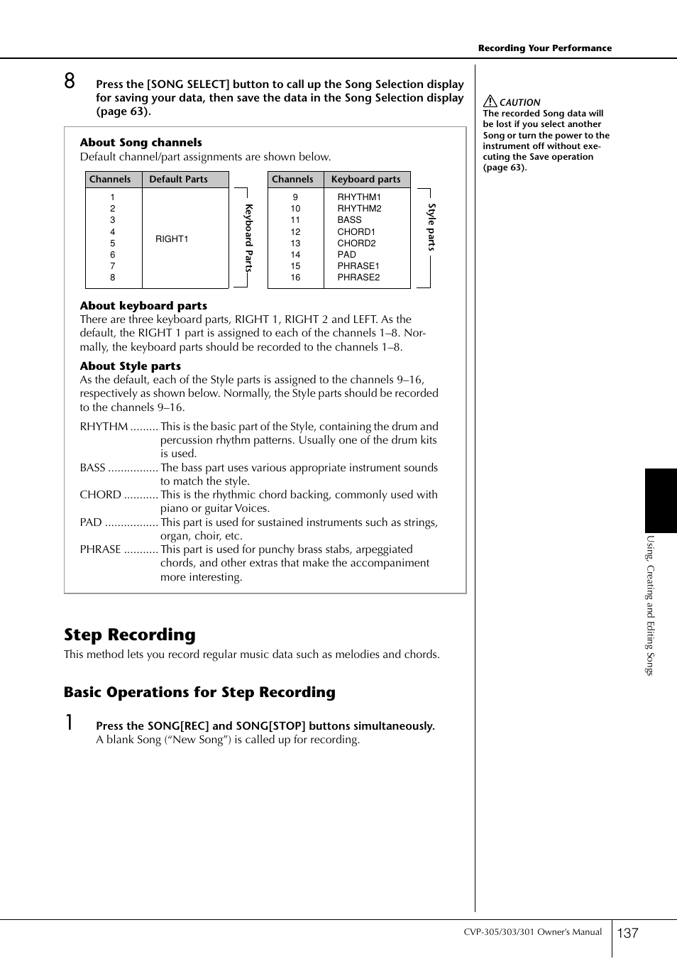 Step recording, Basic operations for step recording | Yamaha 303 User Manual | Page 137 / 220