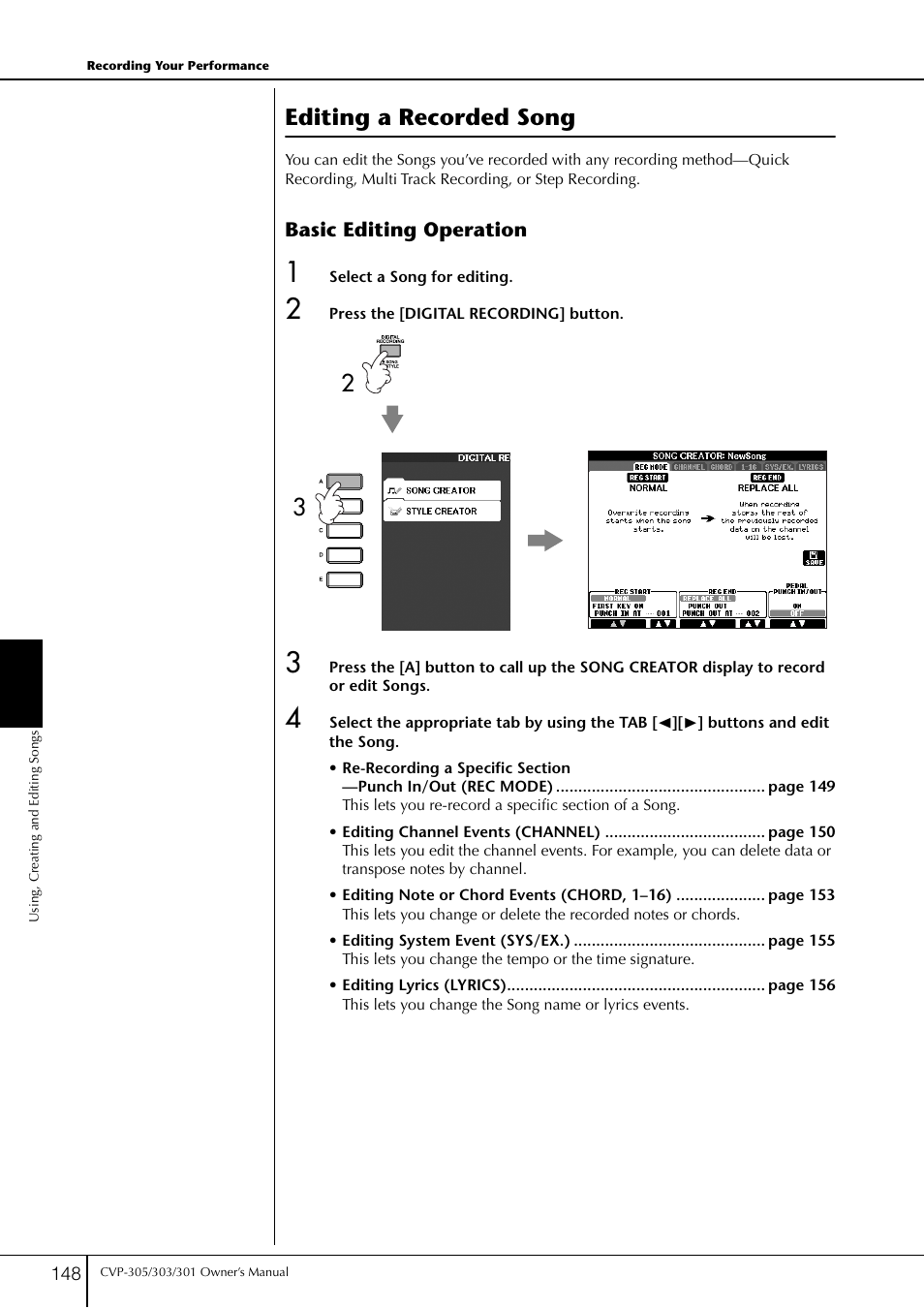 Editing a recorded song | Yamaha 303 User Manual | Page 148 / 220