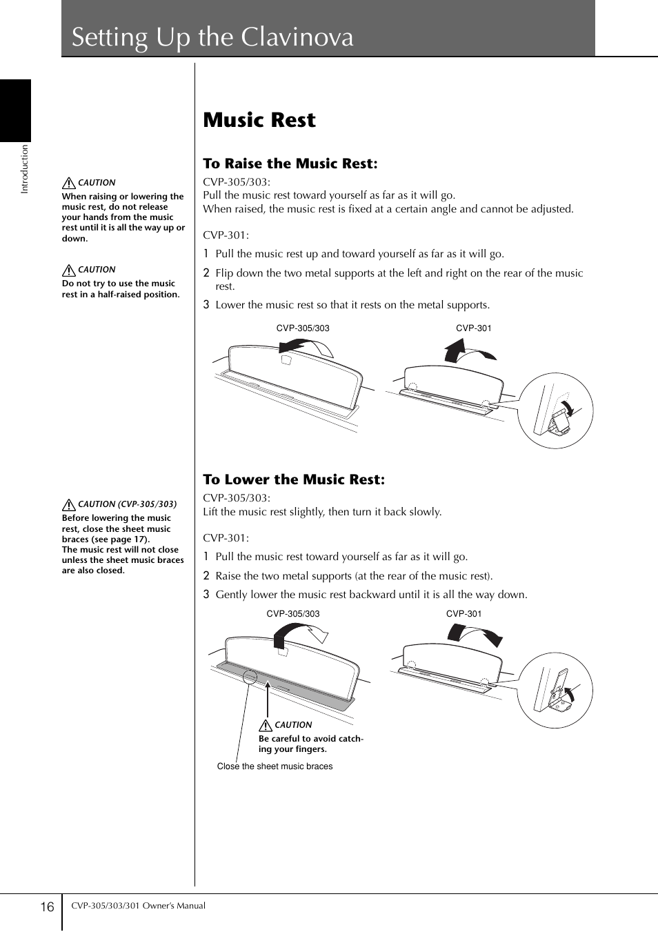 Setting up the clavinova, Music rest | Yamaha 303 User Manual | Page 16 / 220