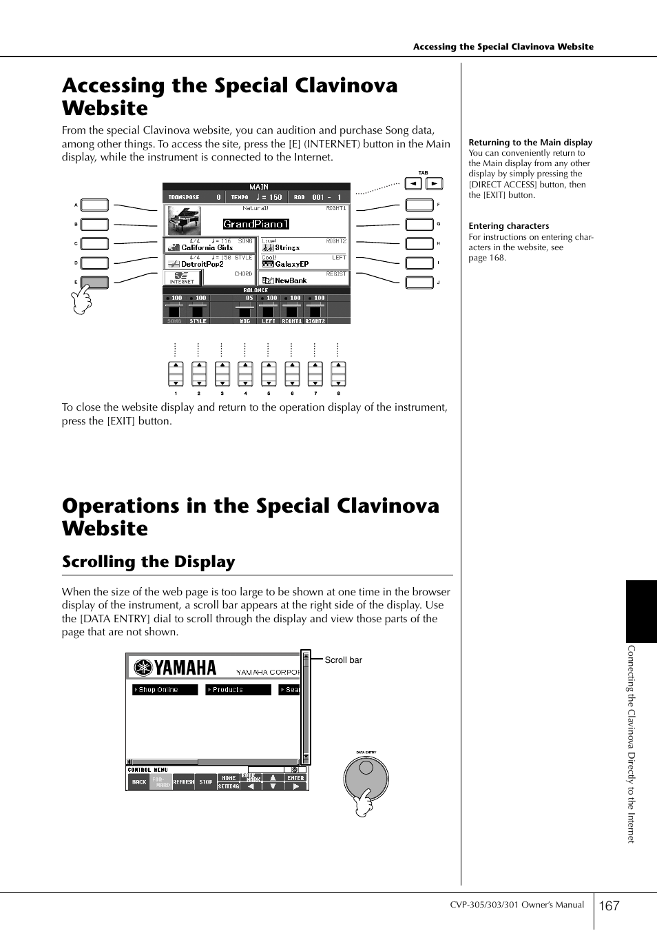 Accessing the special clavinova website, Operations in the special clavinova website, Scrolling the display | Yamaha 303 User Manual | Page 167 / 220