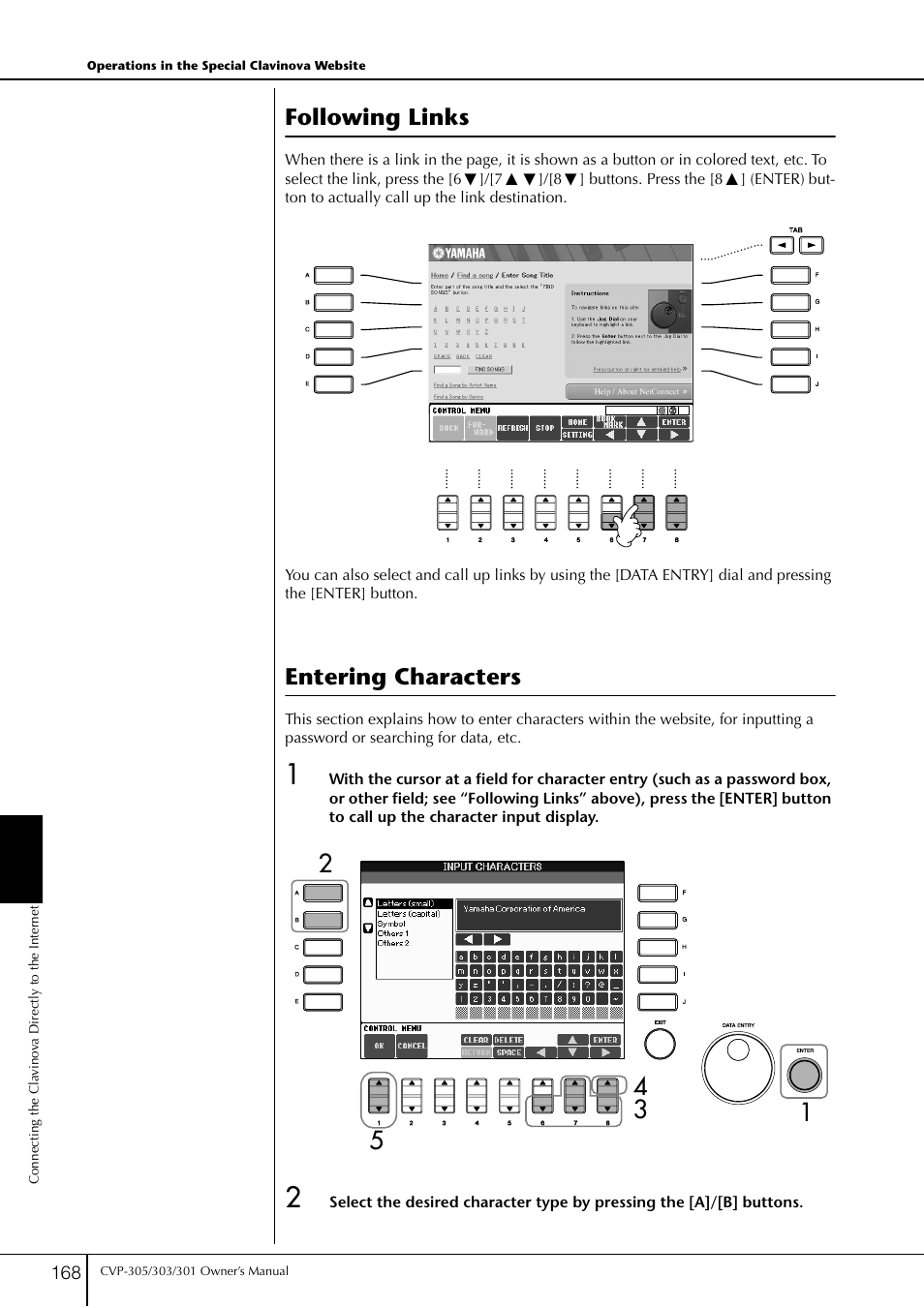 Following links, Entering characters, Following links entering characters | Yamaha 303 User Manual | Page 168 / 220