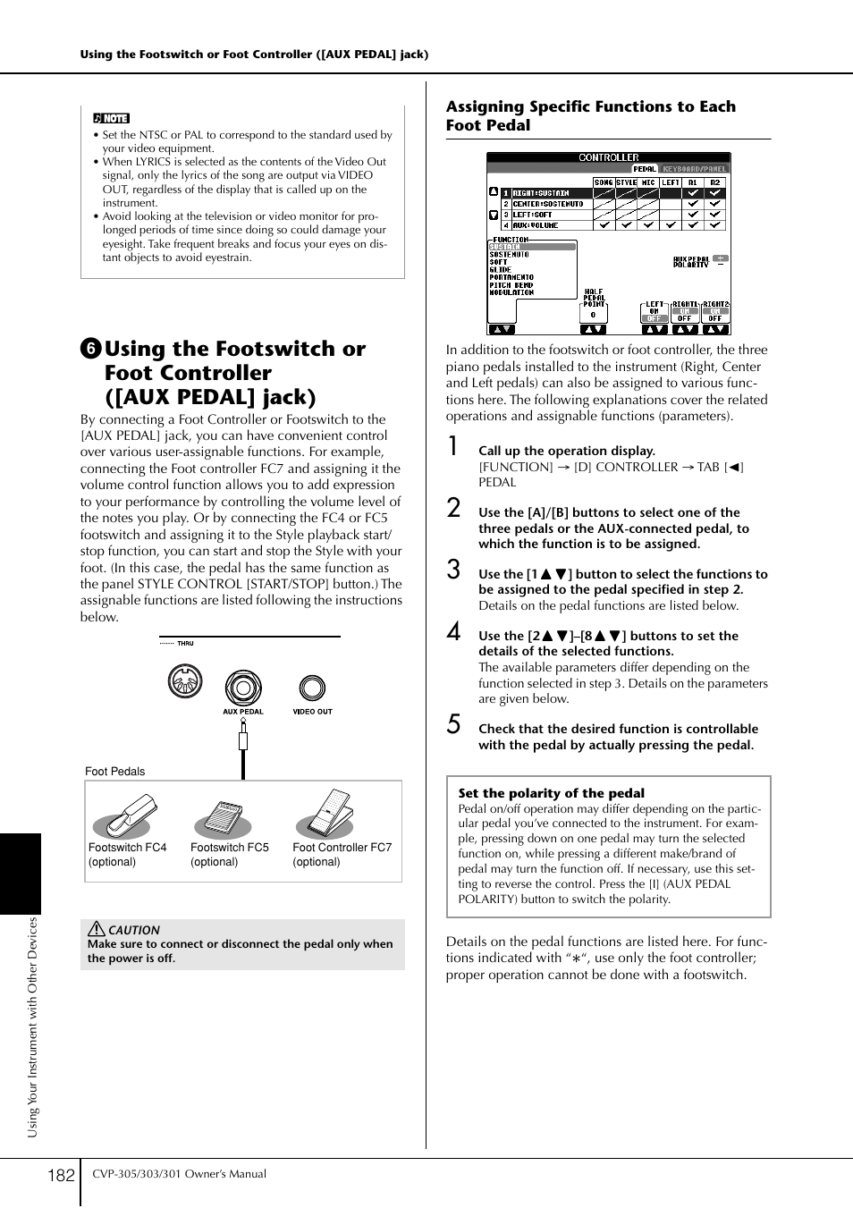 Assigning specific functions to each foot pedal, Using the footswitch or foot controller, P. 182 | Yamaha 303 User Manual | Page 182 / 220