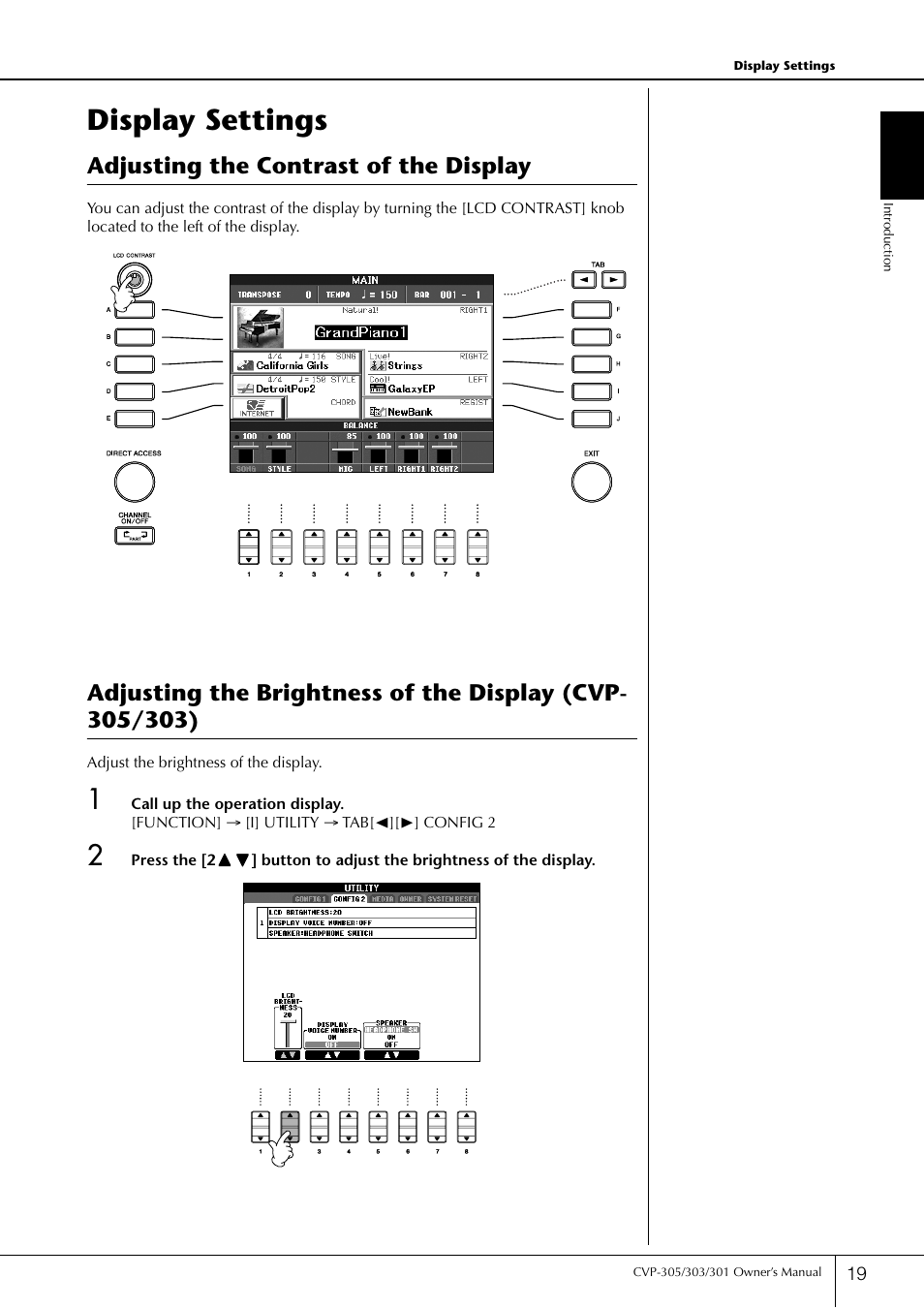 Display settings, P. 19, Adjusting the contrast of the display | Yamaha 303 User Manual | Page 19 / 220