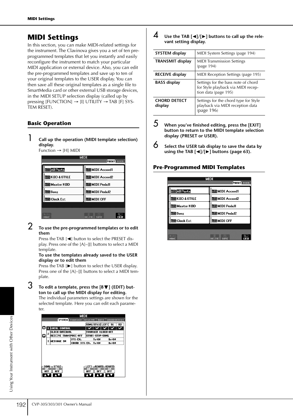 Midi settings, Basic operation, Pre-programmed midi templates | Basic operation pre-programmed midi templates | Yamaha 303 User Manual | Page 192 / 220