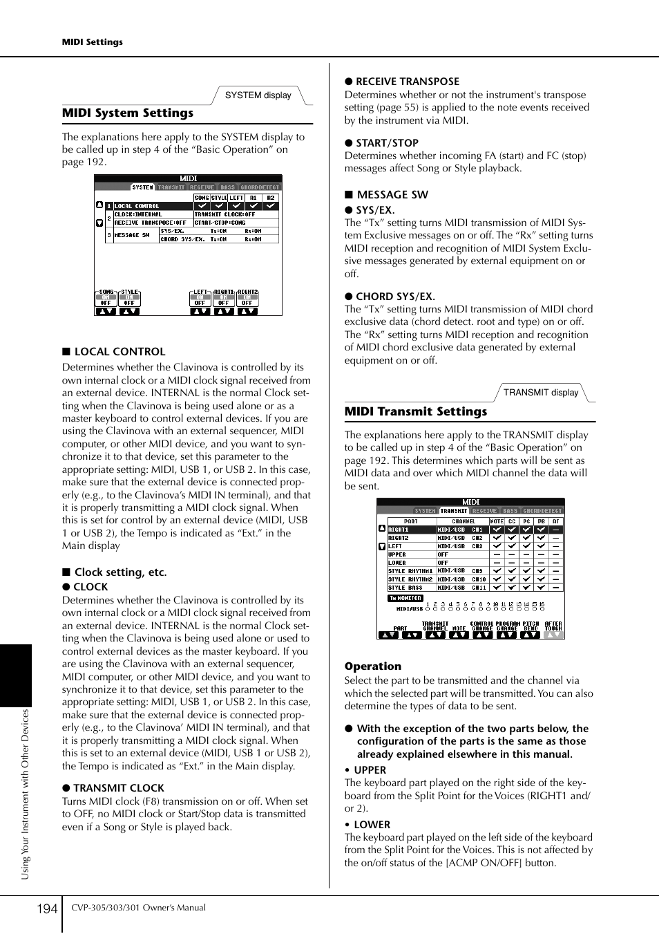 Midi system settings, Midi transmit settings, Midi system settings midi transmit settings | Al control | Yamaha 303 User Manual | Page 194 / 220