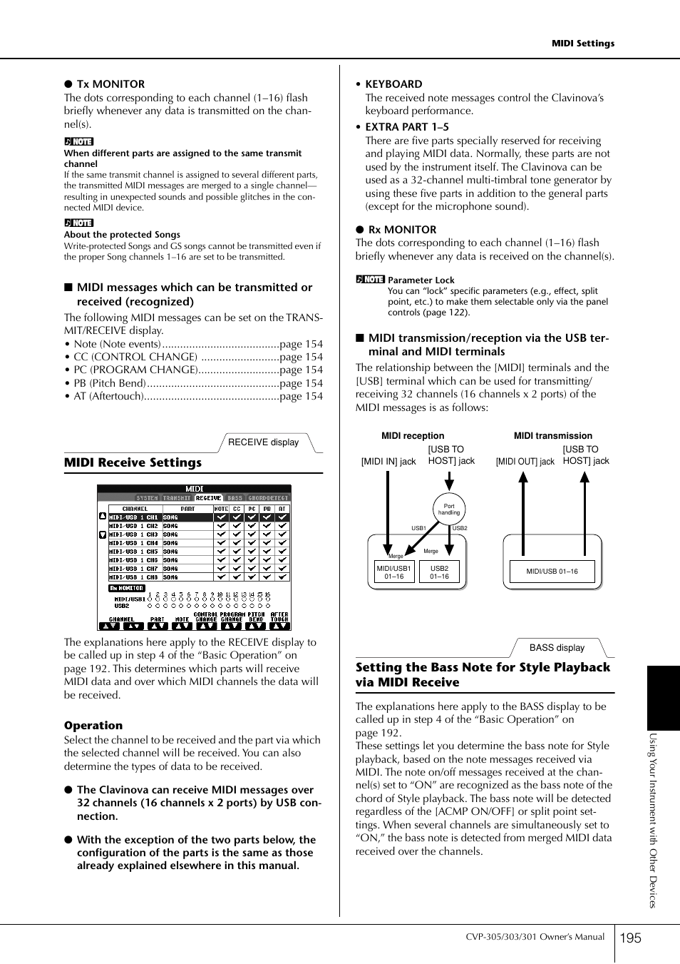 Midi receive settings | Yamaha 303 User Manual | Page 195 / 220