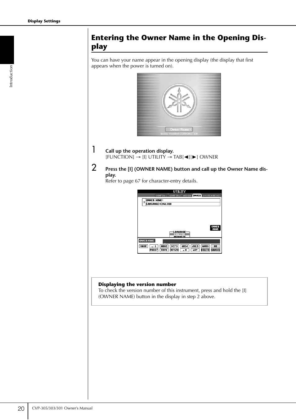 Entering the owner name in the opening dis- play | Yamaha 303 User Manual | Page 20 / 220