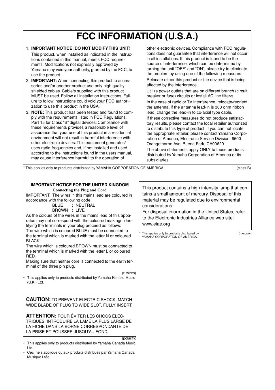 Fcc information (u.s.a.), Important notice for the united kingdom | Yamaha 303 User Manual | Page 218 / 220