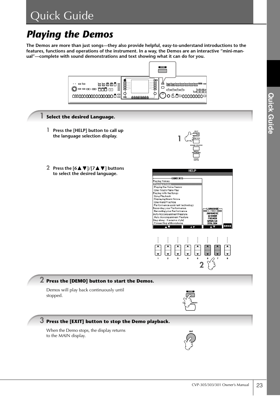 Playing the demos, Quick guide, P. 23 | Quic k guide | Yamaha 303 User Manual | Page 23 / 220