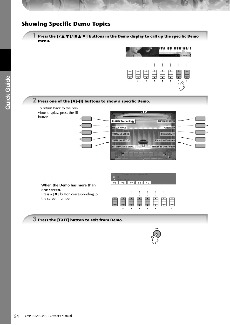 Quic k guide, Showing specific demo topics | Yamaha 303 User Manual | Page 24 / 220