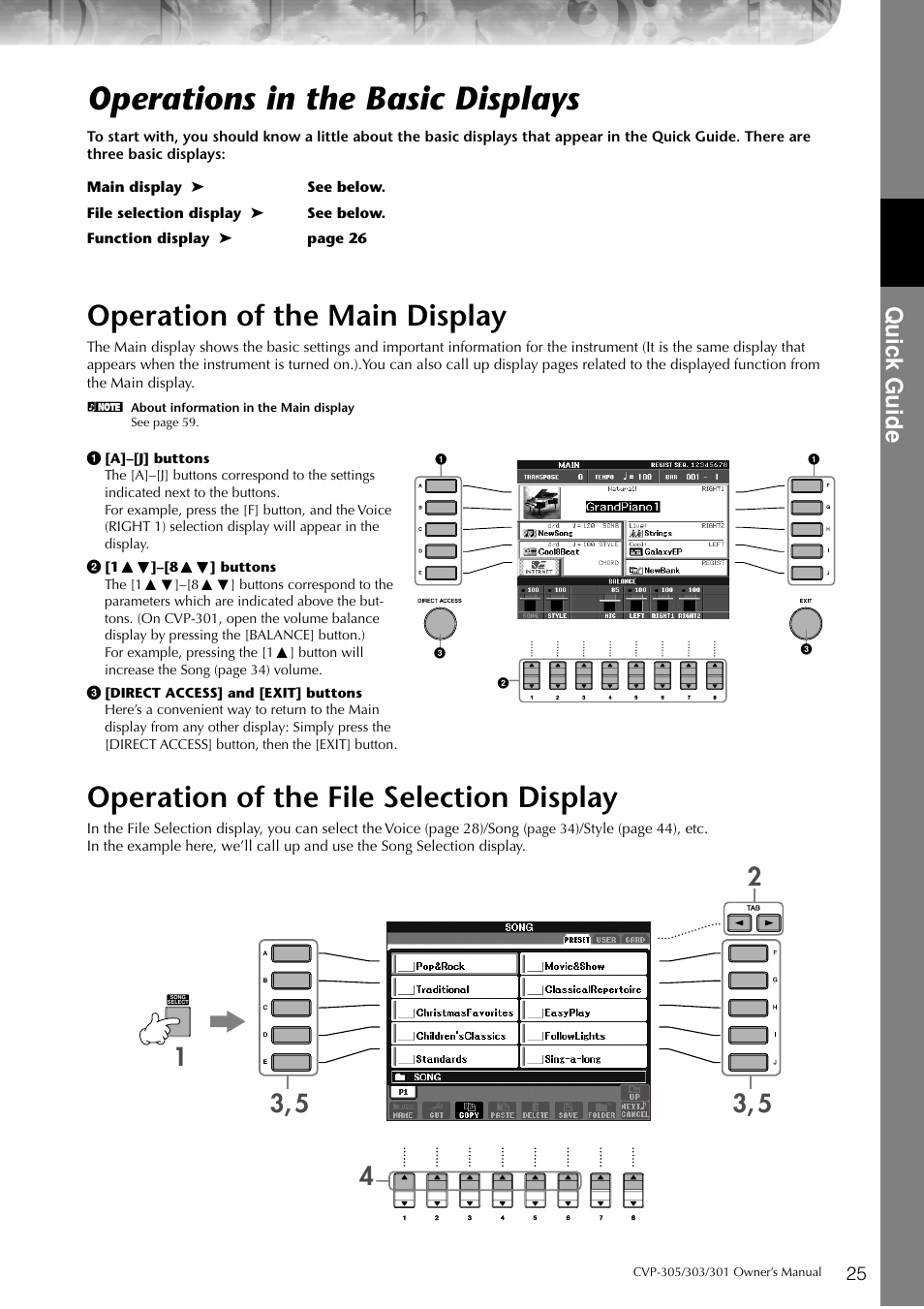 Operations in the basic displays, Operation of the main display, Operation of the file selection display | P. 25, Quic k guide | Yamaha 303 User Manual | Page 25 / 220