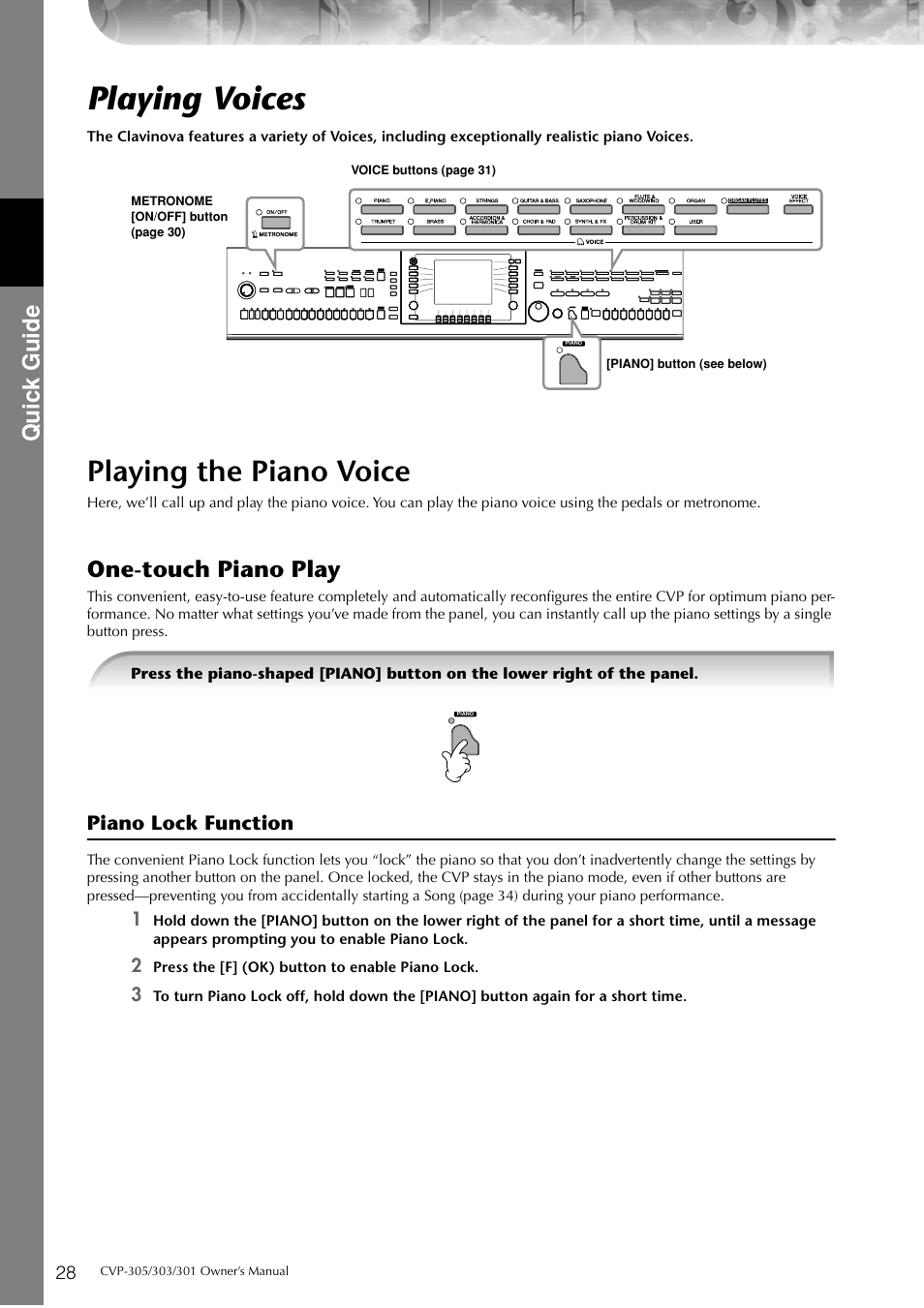 Playing voices, Playing the piano voice, P. 28 | Quic k guide, One-touch piano play | Yamaha 303 User Manual | Page 28 / 220