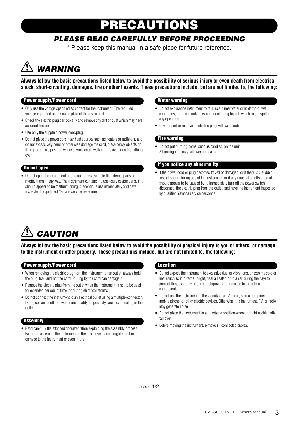 Precautions, Warning, Caution | Please read carefully before proceeding | Yamaha 303 User Manual | Page 3 / 220
