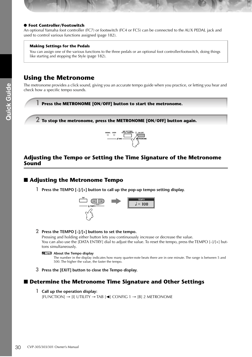 P. 30, Quic k guide, Using the metronome | Yamaha 303 User Manual | Page 30 / 220