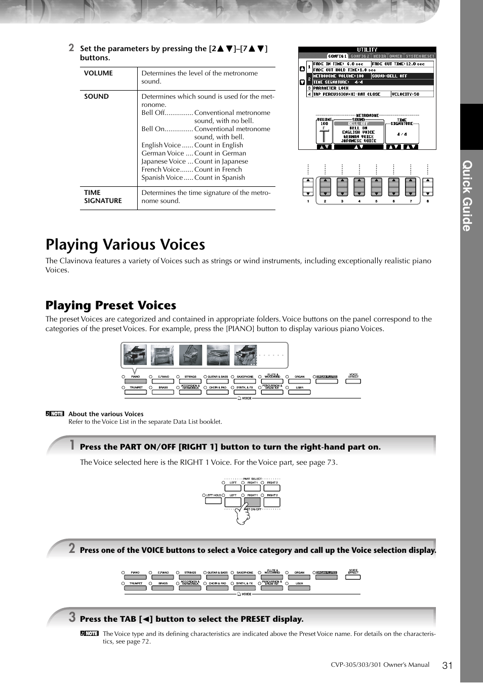 Playing various voices, P. 31, Quic k guide | Playing preset voices | Yamaha 303 User Manual | Page 31 / 220