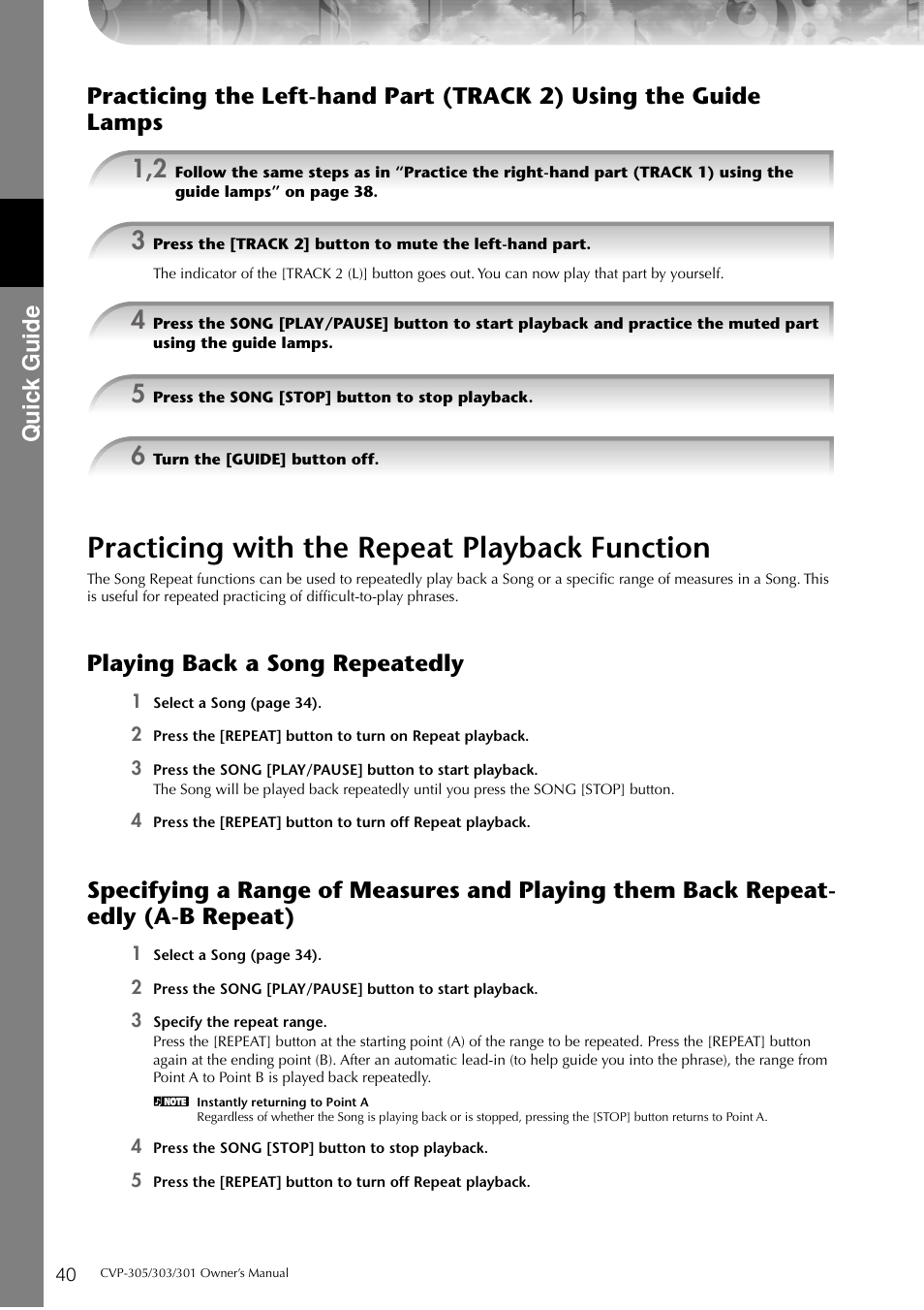 Practicing with the repeat playback function, P. 40, Quic k guide | Playing back a song repeatedly | Yamaha 303 User Manual | Page 40 / 220