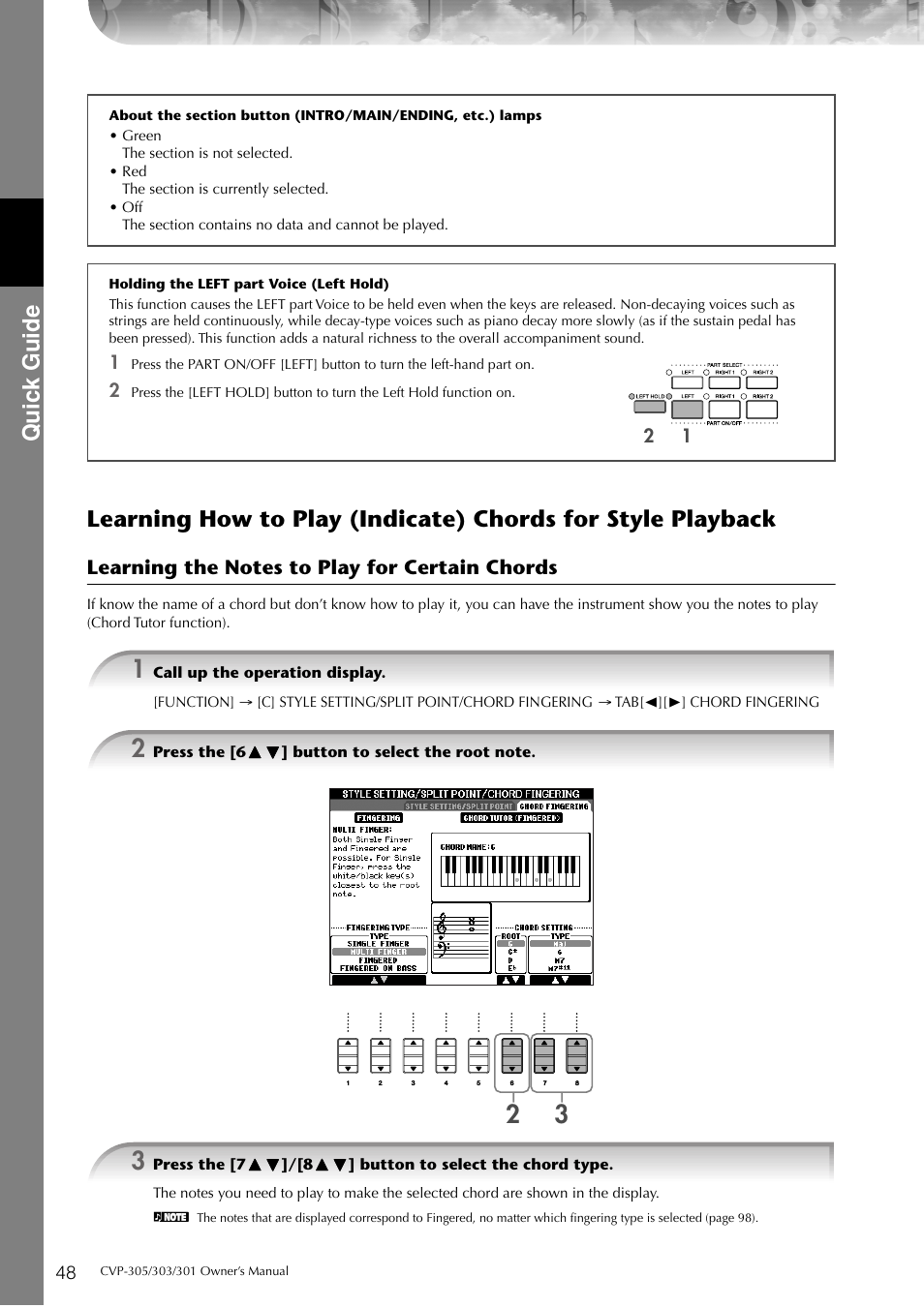 P. 48, Quic k guide | Yamaha 303 User Manual | Page 48 / 220
