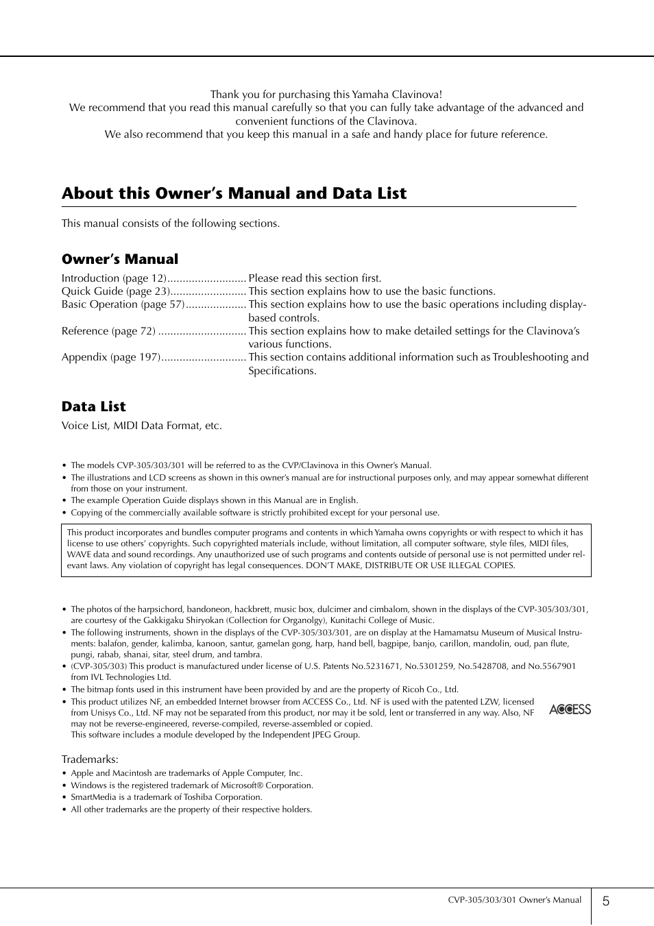 About this owner’s manual and data list, Owner’s manual, Data list | Yamaha 303 User Manual | Page 5 / 220