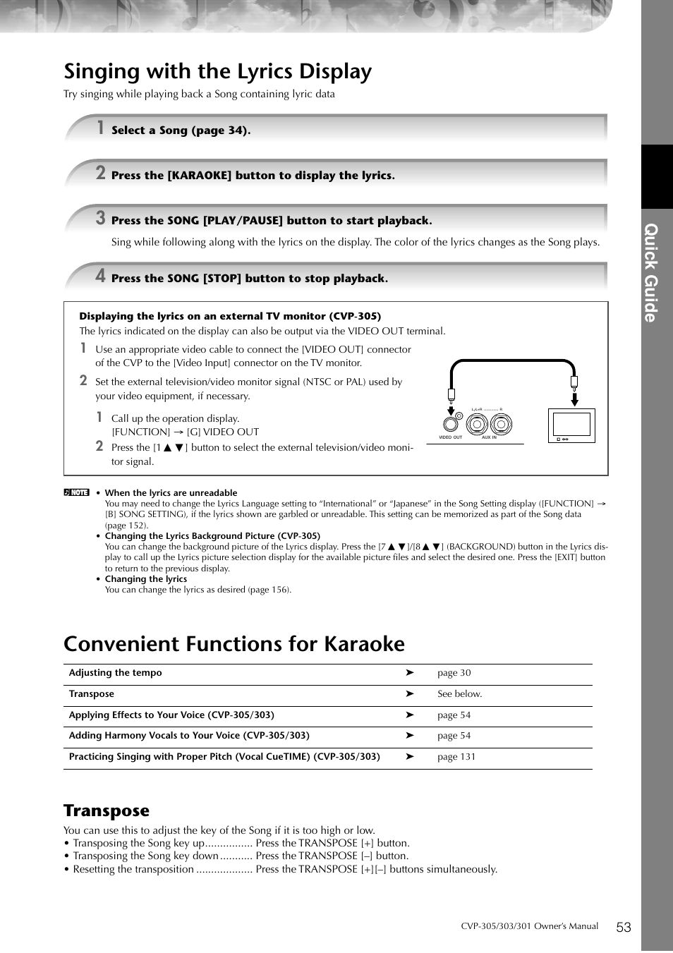 Singing with the lyrics display, Convenient functions for karaoke, P. 53 | Quic k guide, Transpose | Yamaha 303 User Manual | Page 53 / 220