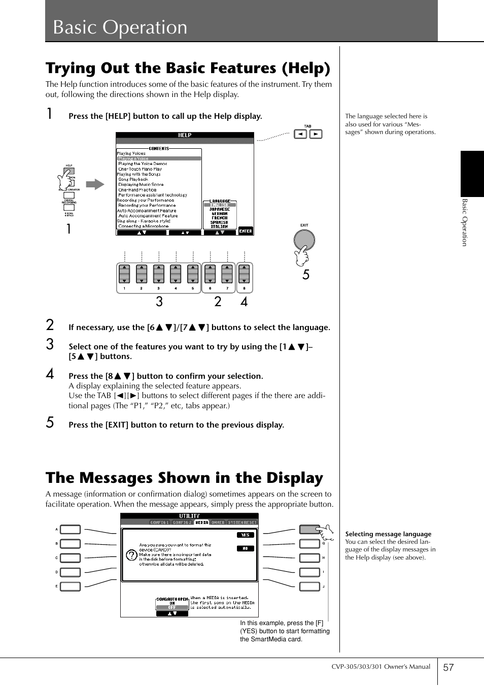 Basic operation, Trying out the basic features (help), The messages shown in the display | P. 57 | Yamaha 303 User Manual | Page 57 / 220