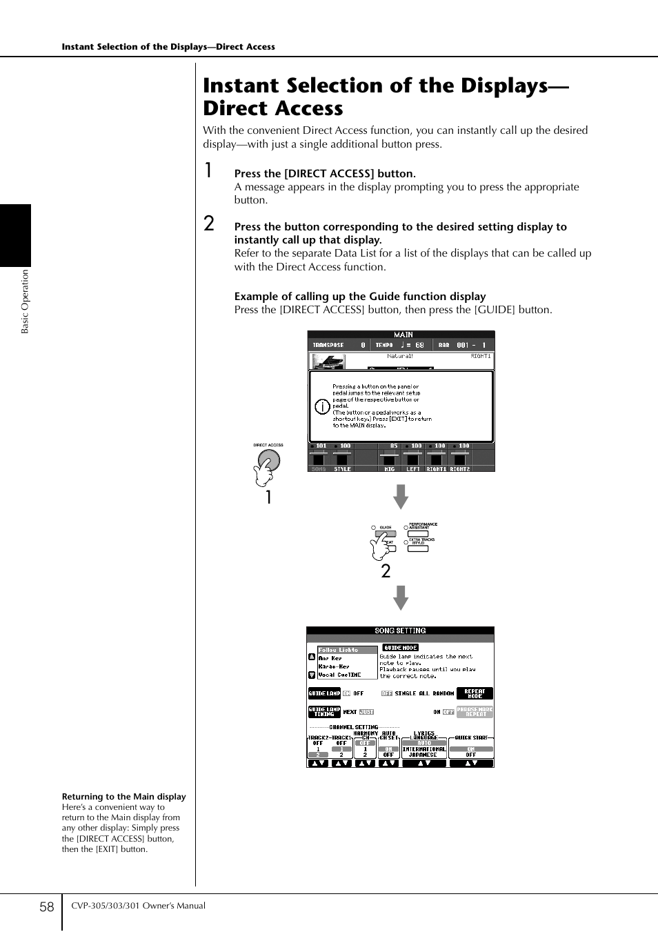 Instant selection of the displays— direct access, Instant selection of the displays —direct access, P. 58 | Yamaha 303 User Manual | Page 58 / 220